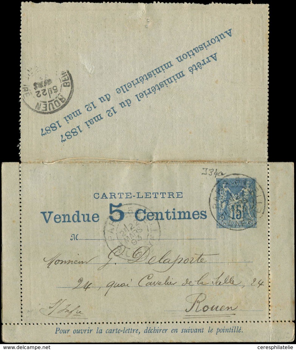 Let ENTIERS POSTAUX Sage, 15c. Bleu, CL Annonces N°J34a, La Missive Ed. N°1 Obl. Paris 22/3/93, TB - Other & Unclassified