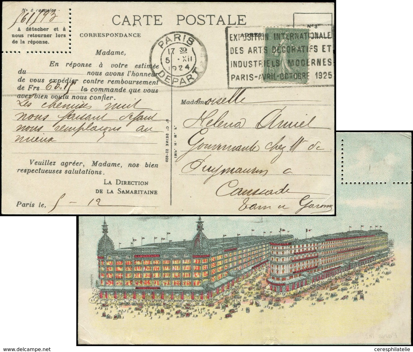 Let LETTRES DU XXe SIECLE N°130f T VI Obl. Paris 5/12/24 S. CP De La Samaritaine, TB - Covers & Documents