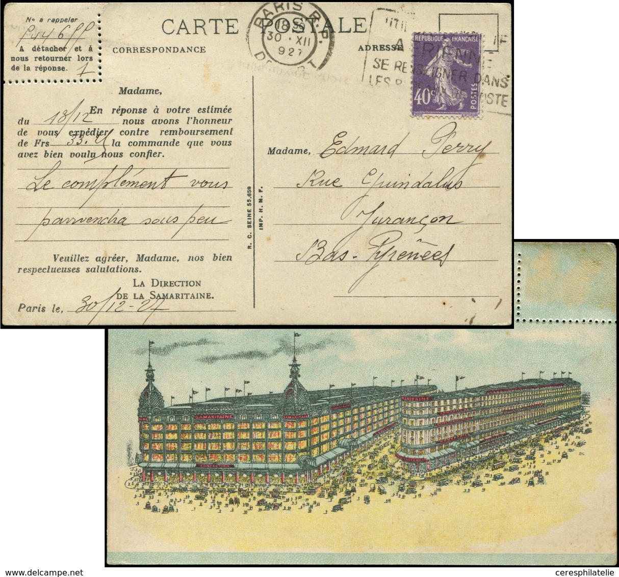 Let LETTRES DU XXe SIECLE N°236 De Roulette Obl. PARIS RP 30/12/27 Sur CP De La Samaritaine, TB - Storia Postale