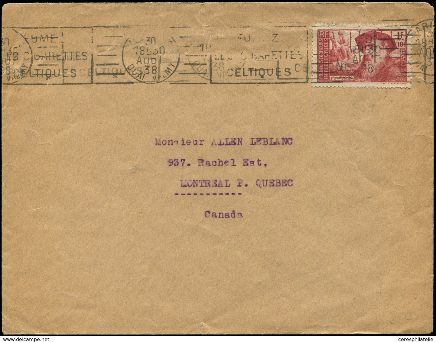 Let LETTRES DU XXe SIECLE N°384 Obl. PARIS 30/8/38 S. Env., Tarif Spécial Pour Le CANADA, TB - Covers & Documents