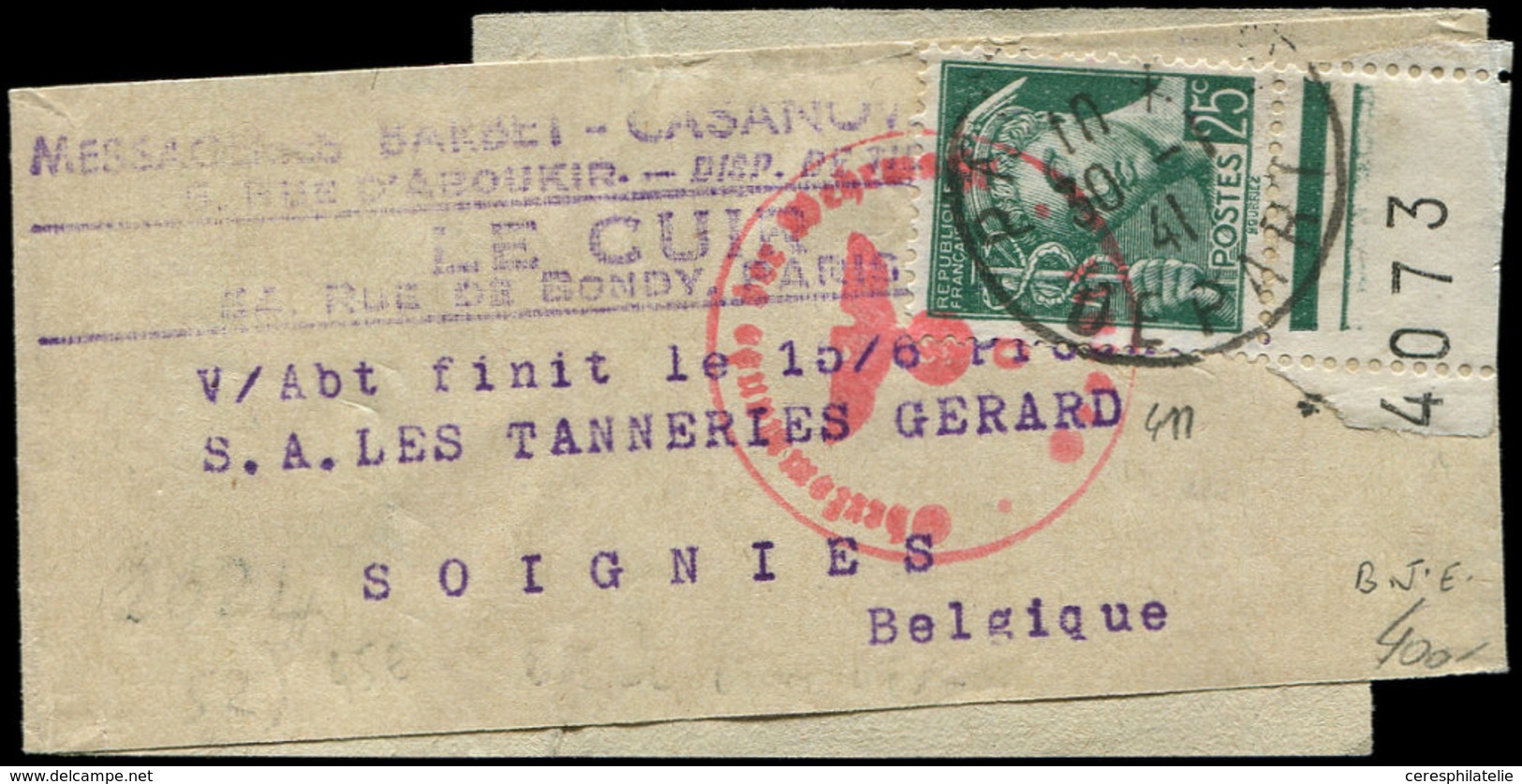 Let LETTRES DU XXe SIECLE N°411 Obl. 30/1/41 S. Bande Pour La BELGIQUE Avec Censure, TB - Covers & Documents