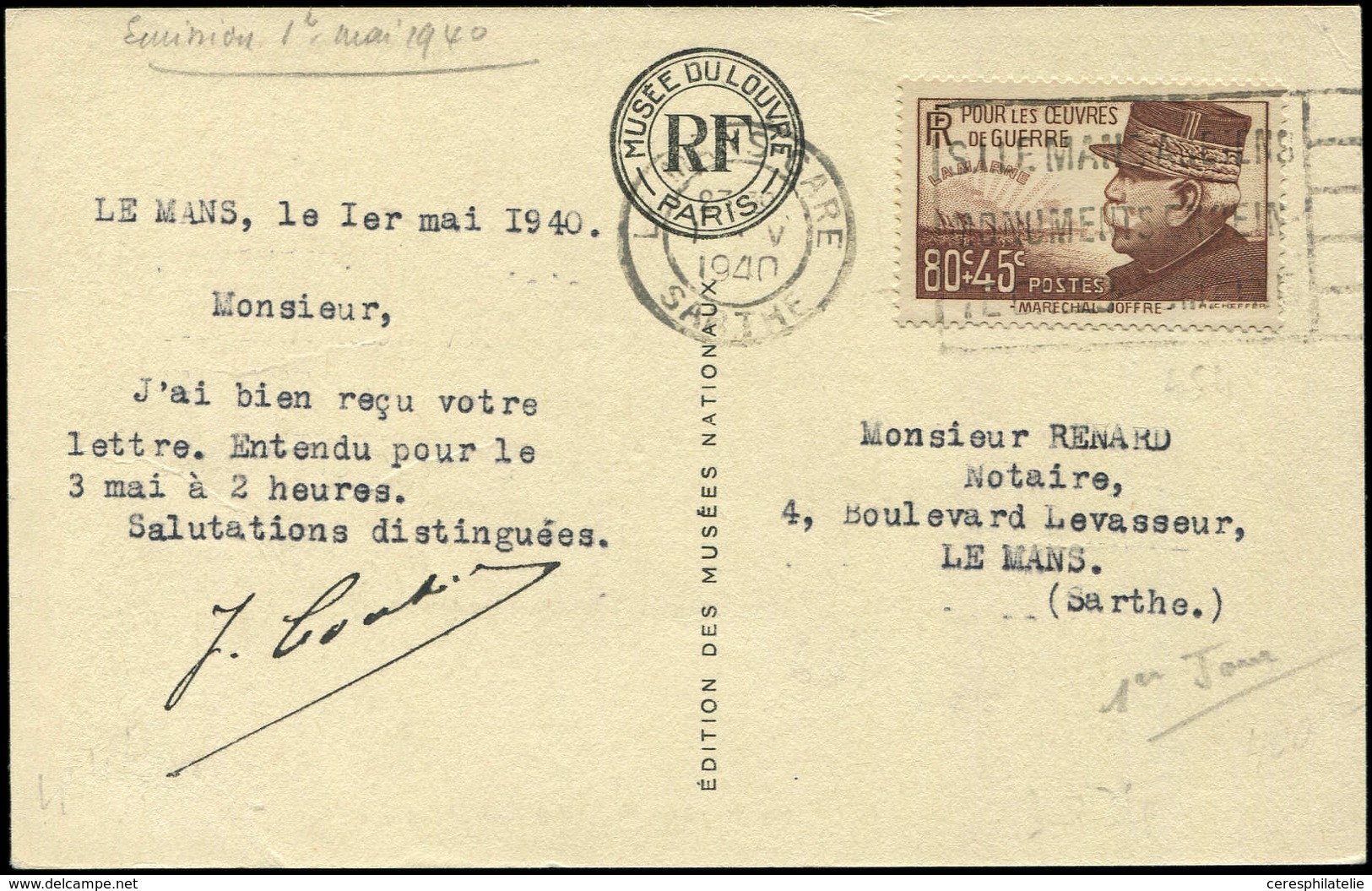 Let LETTRES DU XXe SIECLE N°454 Obl. 1er Jour 1/5/40 Sur CP, TB - Covers & Documents