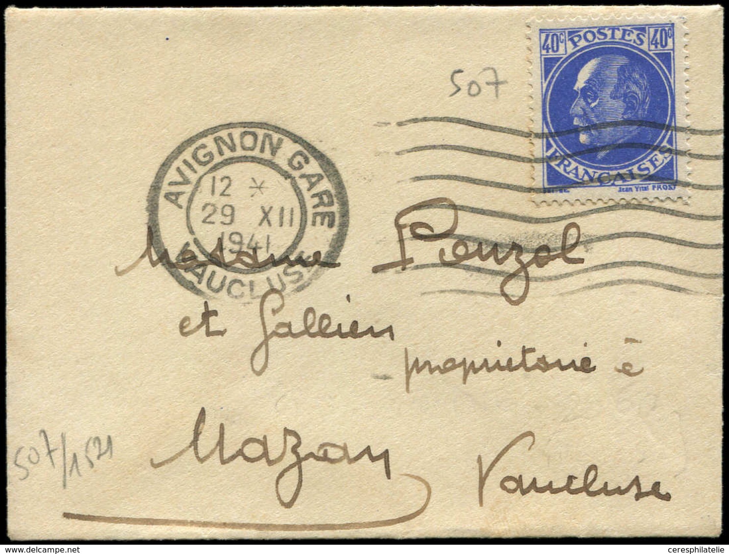 Let LETTRES DU XXe SIECLE N°507 Obl. AVIGNON GARE 29/12/41 Sur Petite Env., TB - Covers & Documents