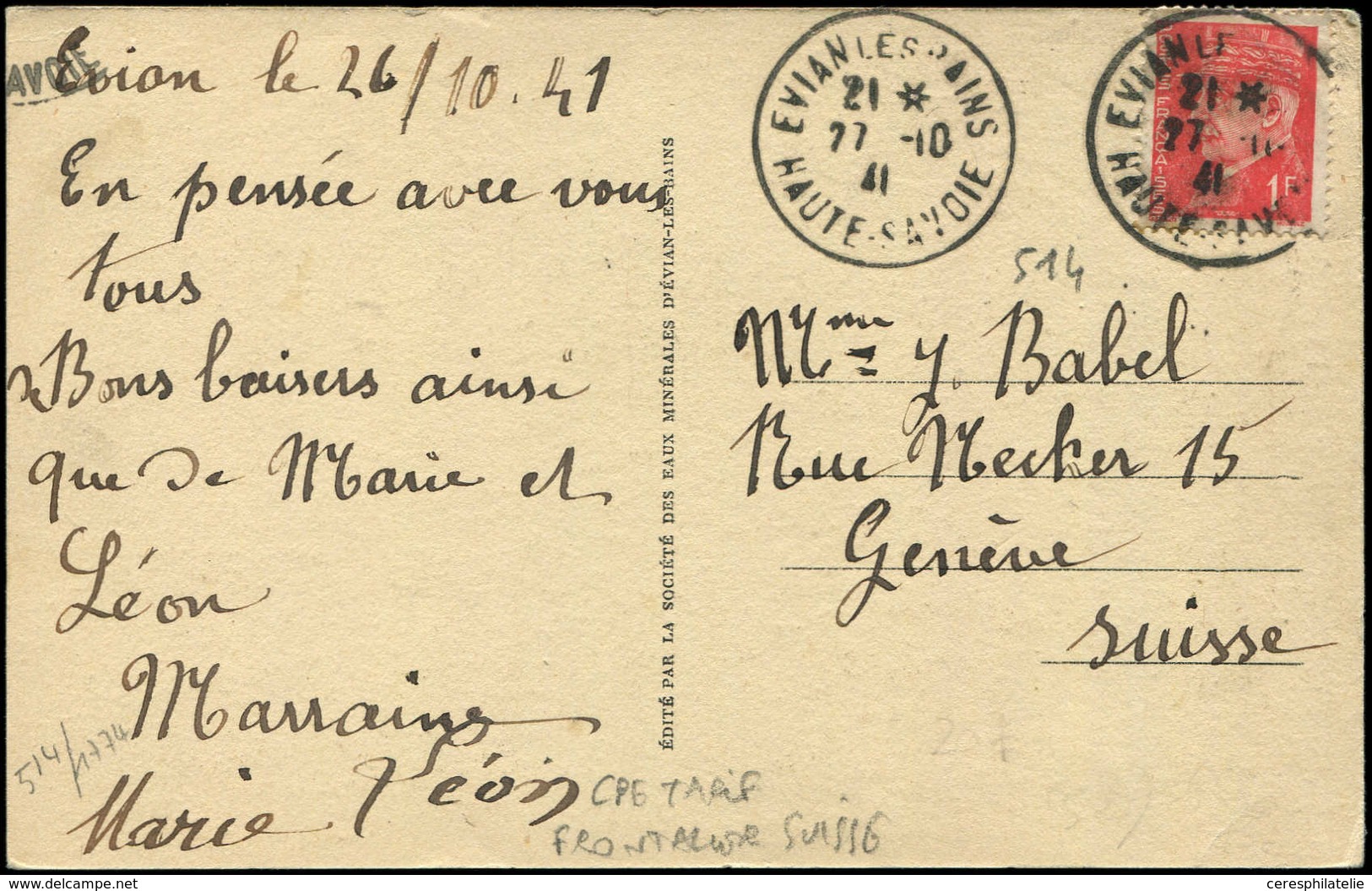 Let LETTRES DU XXe SIECLE N°514 Obl. EVIAN-LES-BAINS 27/10/41 Sur CP, Tarif Frontalier Pour GENEVE, TB - Covers & Documents