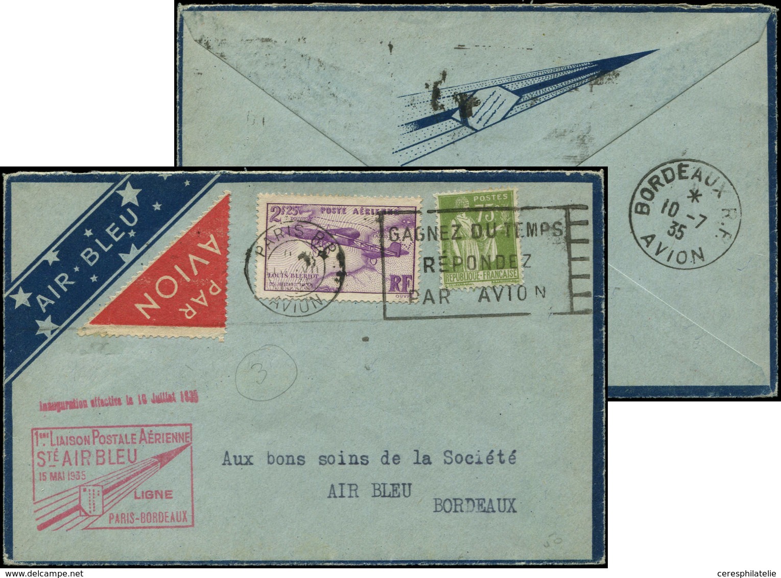 Let Air Bleu N°284A Et PA 7 Obl. Càd PARIS 10/7/35 Sur Env., Cachet  PARIS-BORDEAUX, TB - Primi Voli