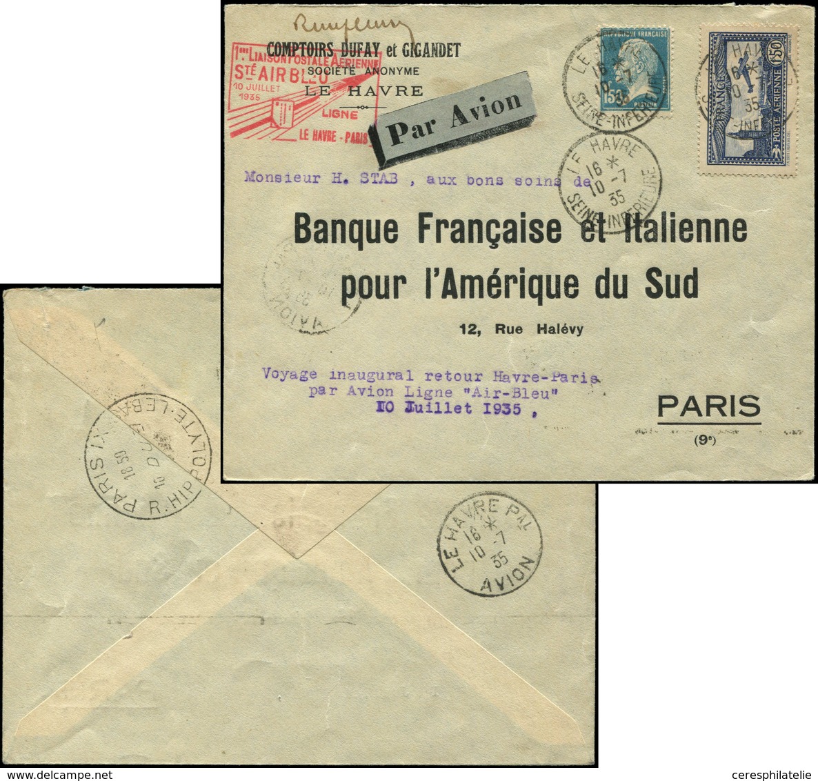 Let Air Bleu N°181 Et PA 6 Obl. Càd LE HAVRE 10/7/35 S. Env., Cachet  LE HAVRE-PARIS, TB - First Flight Covers