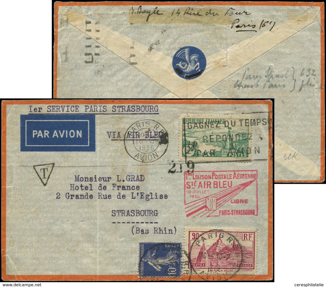 Let Air Bleu N°279, 290 Et 301 Obl. Càd PARIS 10/7/35 S. Env., Cachet  PARIS-STRASBOURG, TB - First Flight Covers