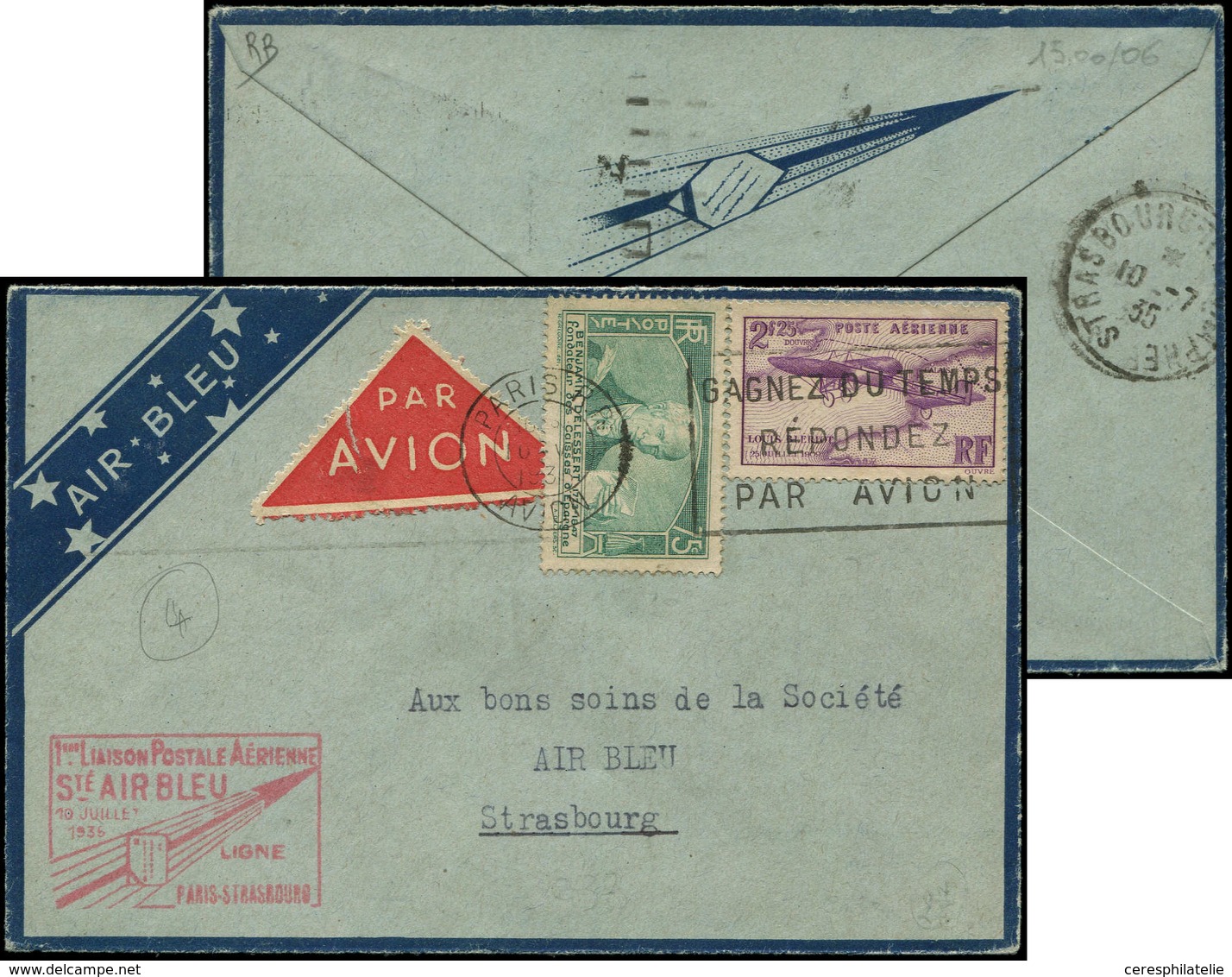 Let Air Bleu N°303 Et PA 7 Obl. Càd PARIS 10/7/35 S. Env., Cachet  PARIS-STRASBOURG, TB - First Flight Covers