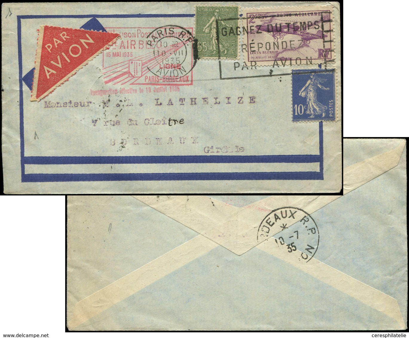 Let Air Bleu N°234, 279 Et PA 7 Obl. Càd Paris 10/7/35 S. Env., Cachet  PARIS-BORDEAUX, TB - First Flight Covers