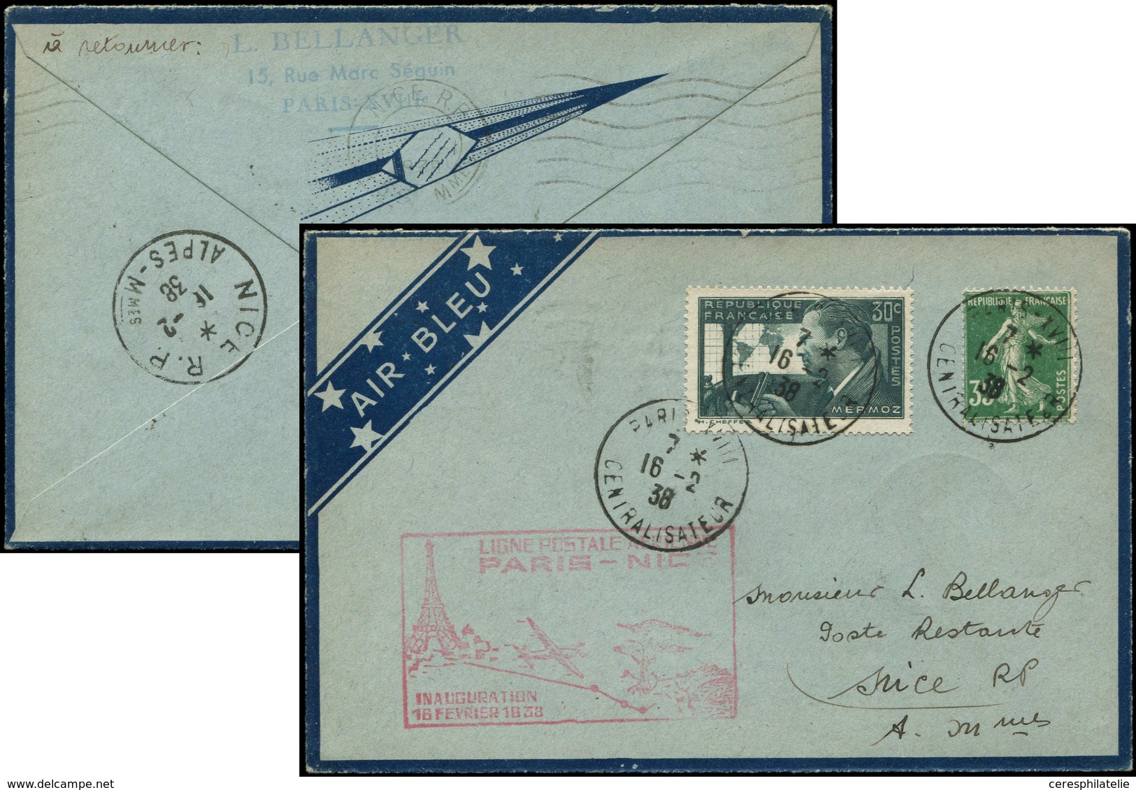 Let Air Bleu N°337 Et 361 Obl. Càd PARIS 16/2/38 S. Env., Cachet  PARIS-NICE, TB - Primi Voli
