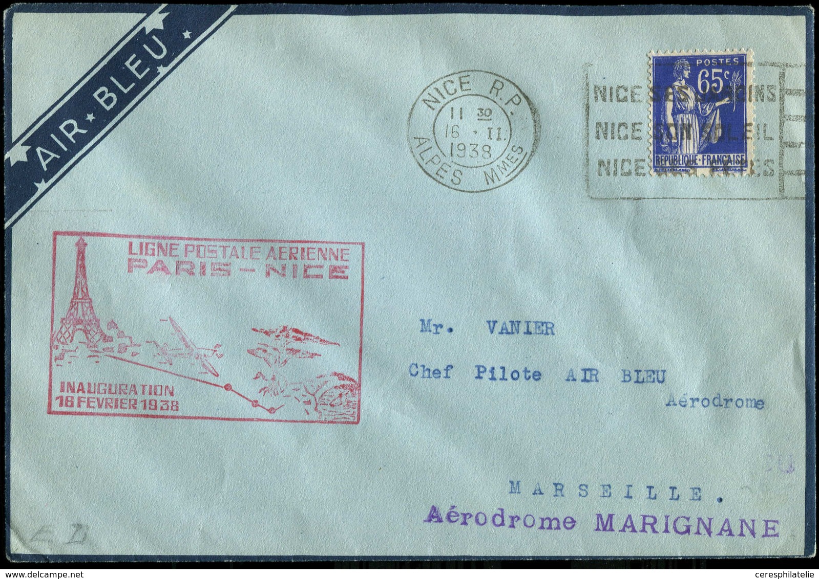 Let Air Bleu N°365 Obl. Càd NICE Le 16/02/38 Sur Env.  PARIS-NICE, TB - First Flight Covers