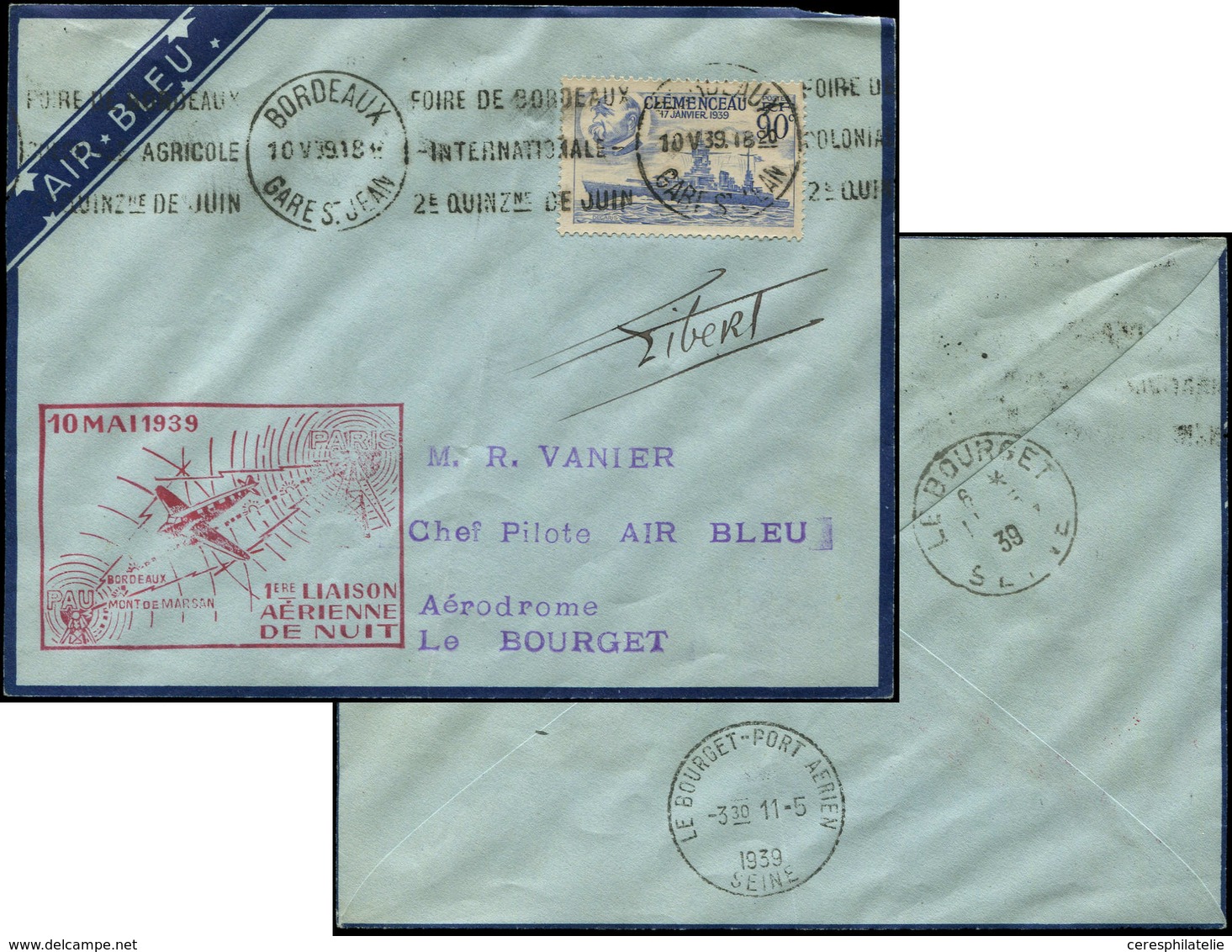 Let Air Bleu N°425 Obl. Càd BORDEAUX 10/5/39 S. Env., Cachet , Griffe 1ère Liaison Aérienne De Nuit BORDEAUX-PARIS, TB - First Flight Covers