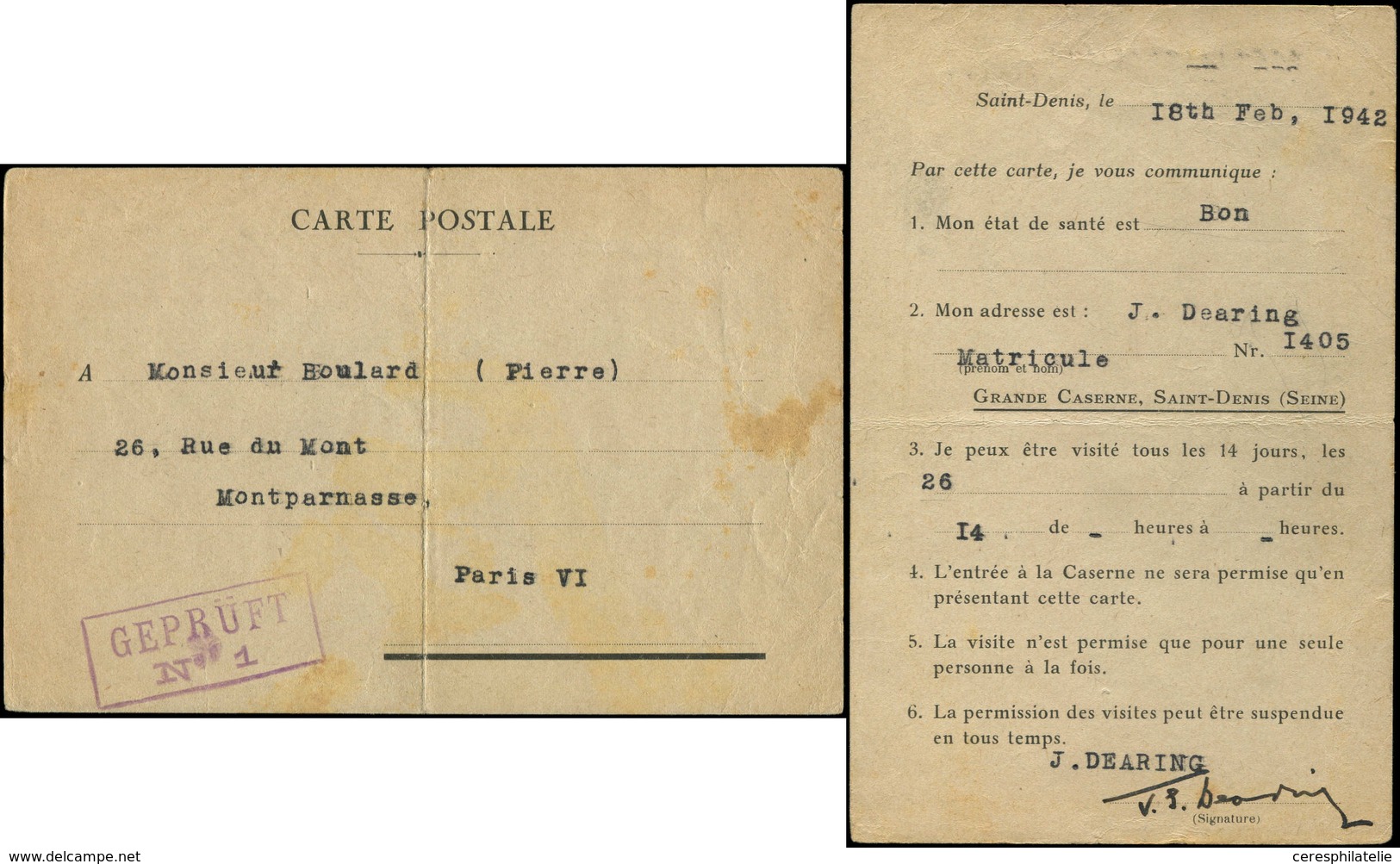 Let Guerre 1939/1945 Carte-Formulaire Imprimée De La Grande Caserne De St Denis (pli) Avec Censure Geprüft N°1, TB - Guerre De 1939-45