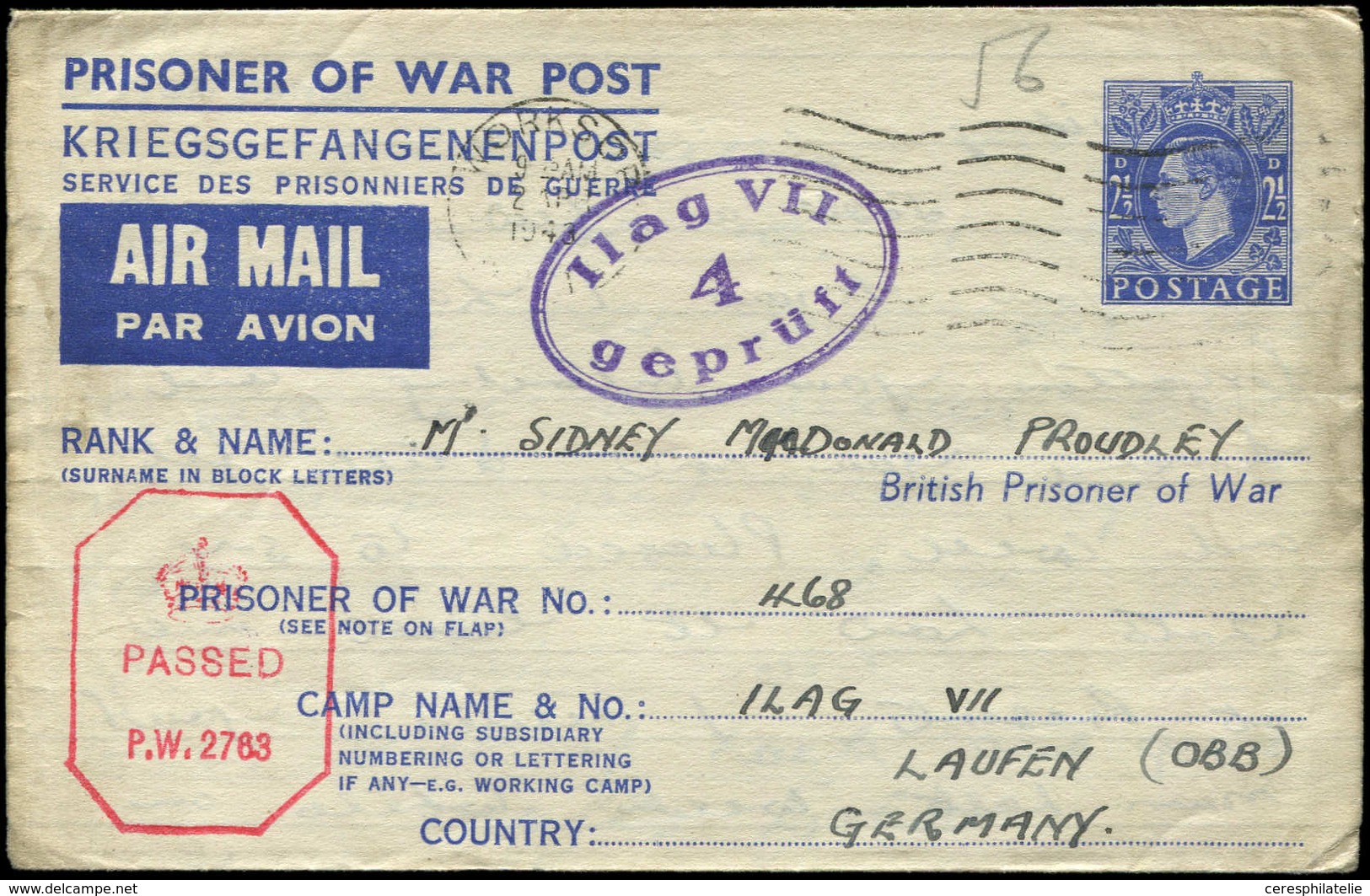 Let Guerre 1939/1945 Entier Anglais "Prisoner Of War" 2p. 1/2 Obl. WORKSOR 2/4/43, Censure Anglaise Et Cachet Ilag VII/4 - Guerre De 1939-45
