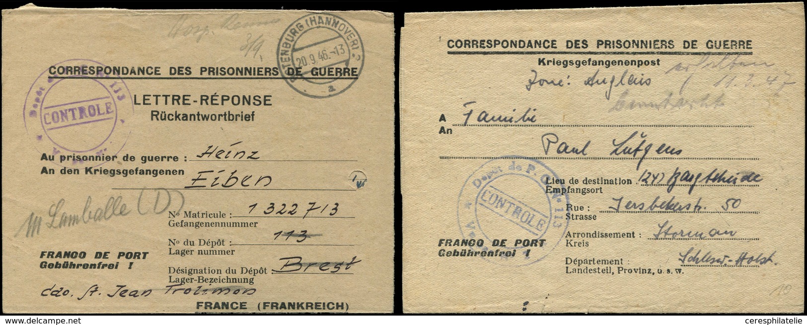 Let Guerre 1939/1945 2 Formules De P.G. Allemands En France Avec Cachets Bleus Et Violets DEPOT DE P.G., N°113 Du Camp D - WW II