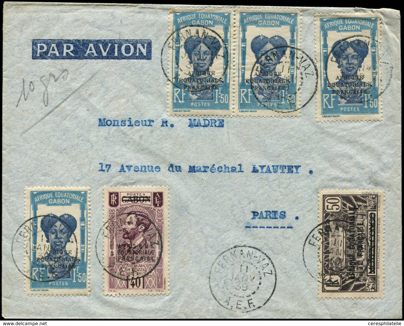 Let A.E.F. N°10 + 22 Et Gabon N°119 (4) Obl. FERNAN-VAZ 11/1/39 Sur Env. Par Avion, TB - Other & Unclassified