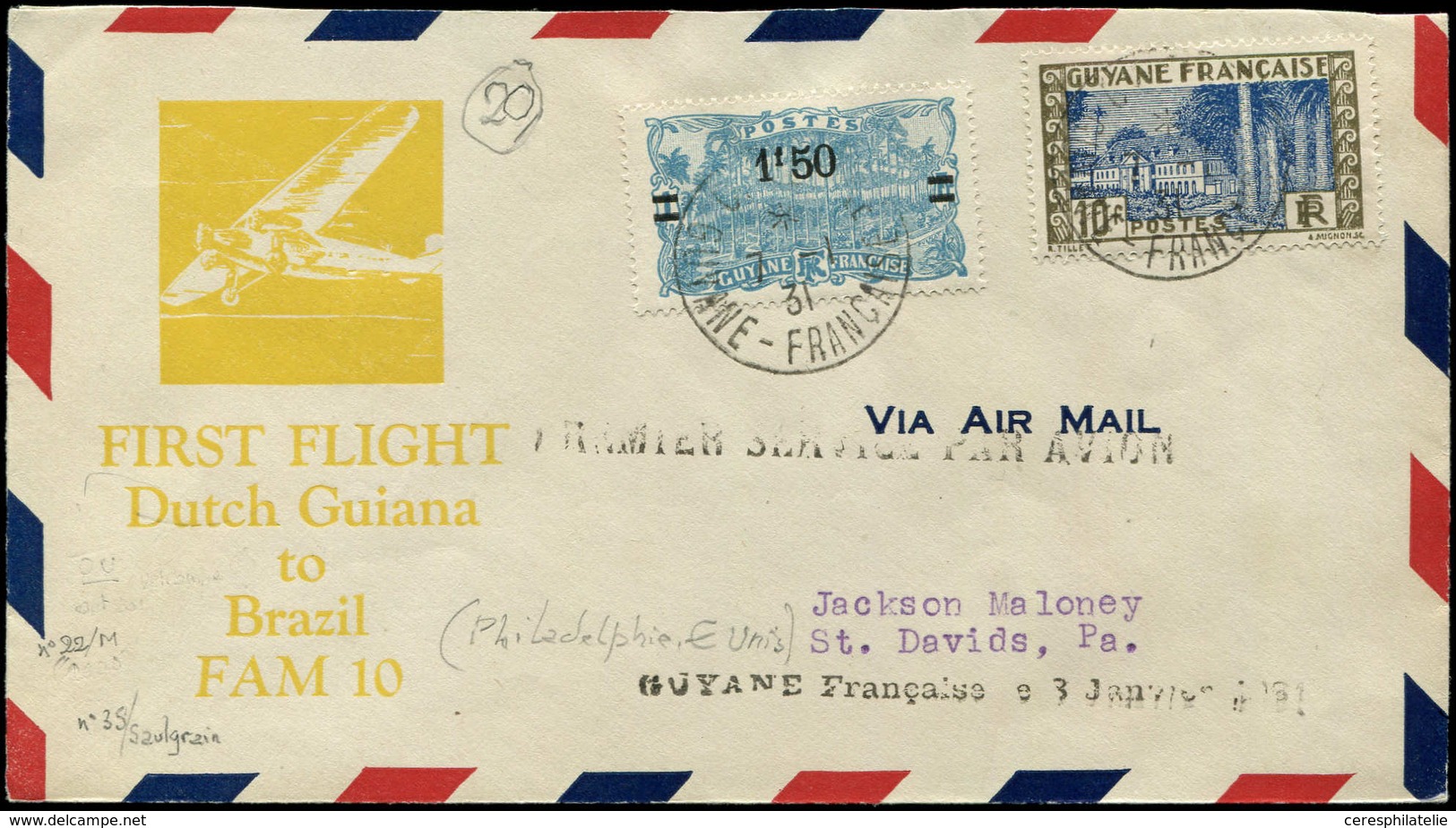 Let GUYANE 104 Et 131 Obl. 7/1/31 S. Env. Par Avion, Griffe "1er Service Par Avion" Et "Guyane Française Le 3 Janvier 19 - Sonstige & Ohne Zuordnung