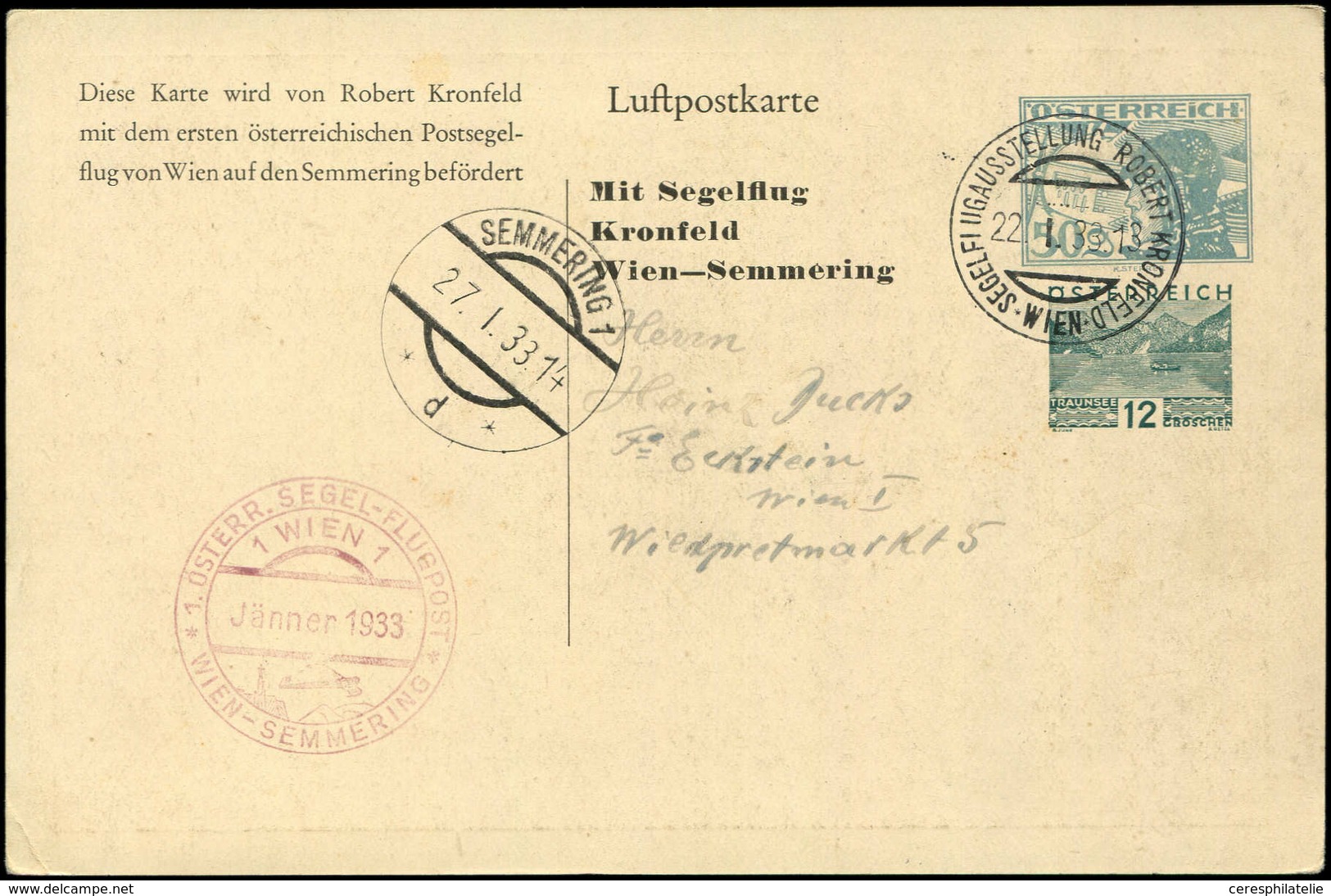 Let AUTRICHE CP Entier 12p. + 50g. Obl. 22/1/33, 1er Courrier Transporté Par Planeur, TB - Altri & Non Classificati