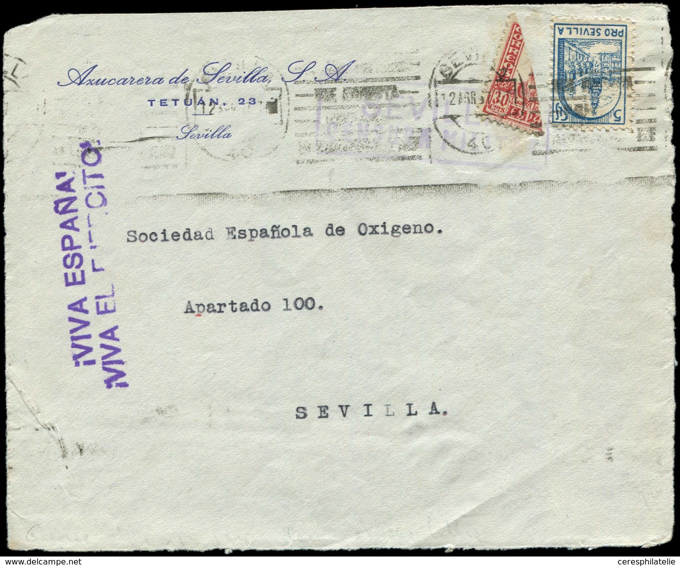 Let ESPAGNE 583 : Moitié De 30c. Rouge + 5c. Bleu, Obl. Sur Devant Pour Sevilla, TB, R - Used Stamps
