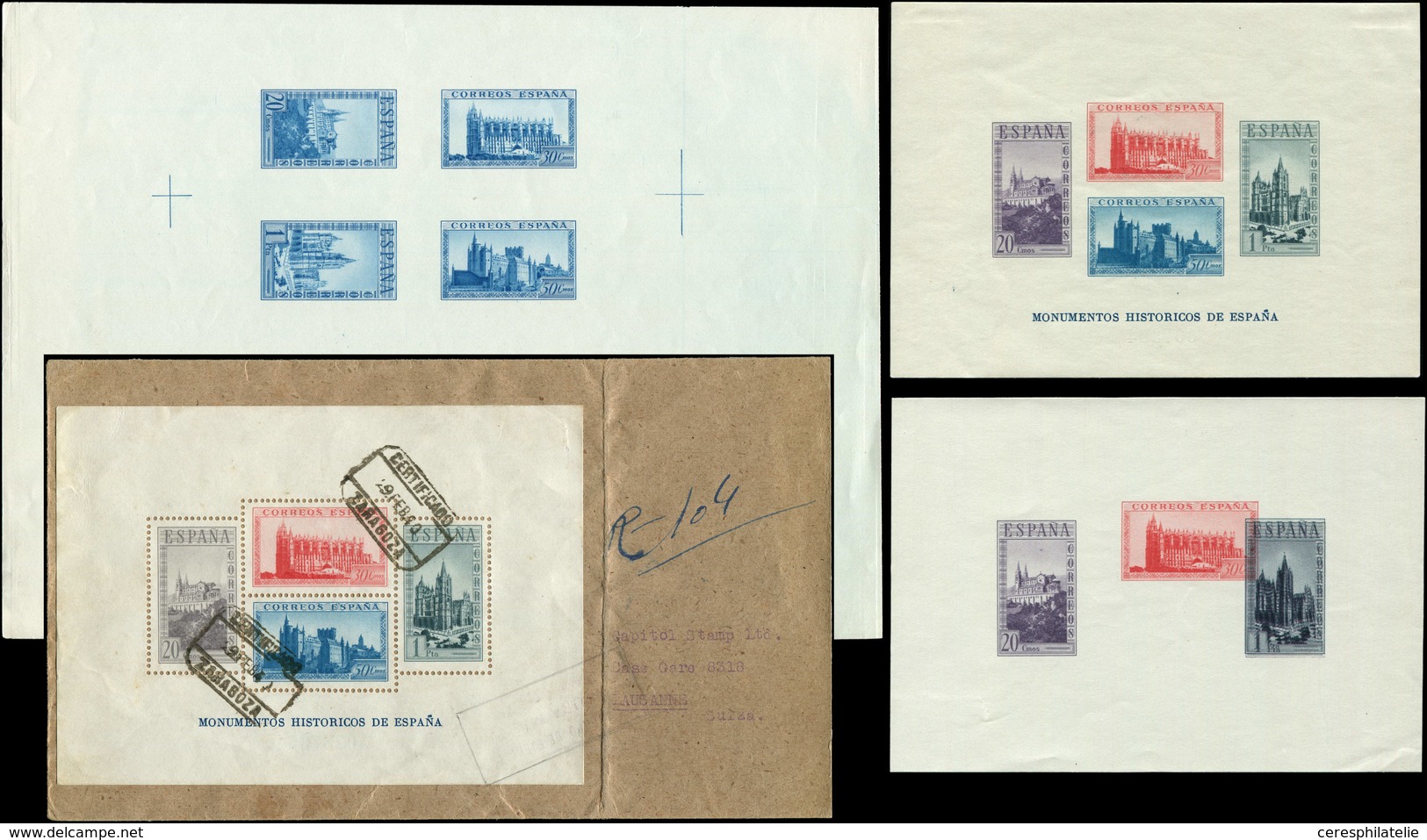 ESPAGNE BF 5 : Monuments, Obl. S. Env. + N°6 Non Dentelé + Une épreuve En Bleu Des 4 Timbres Et Une épreuve Des 20c., 30 - Blocchi & Foglietti