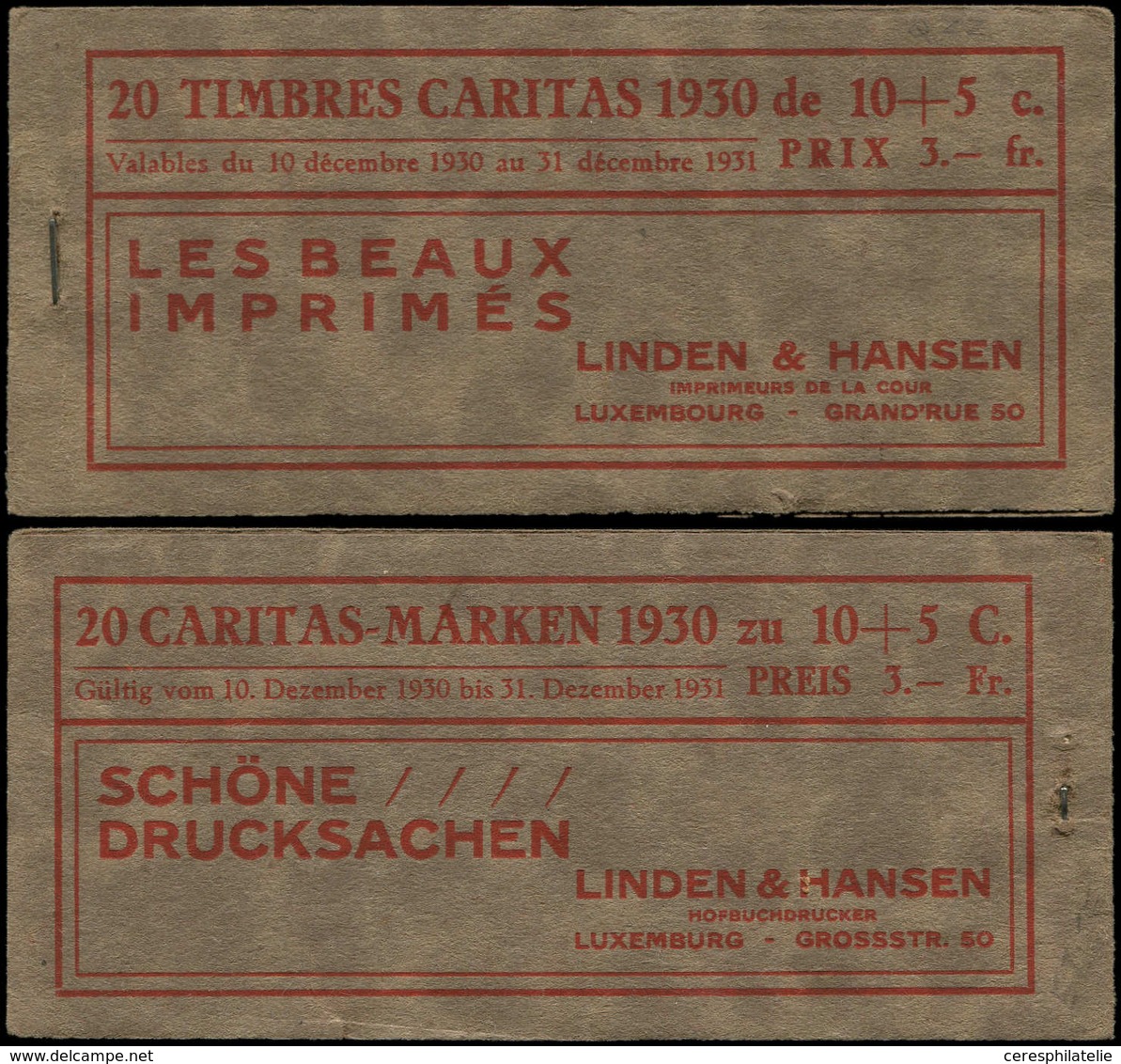 LUXEMBOURG 226 : Caritas 1930, Carnet De 20 Timbres, TB - 1852 William III