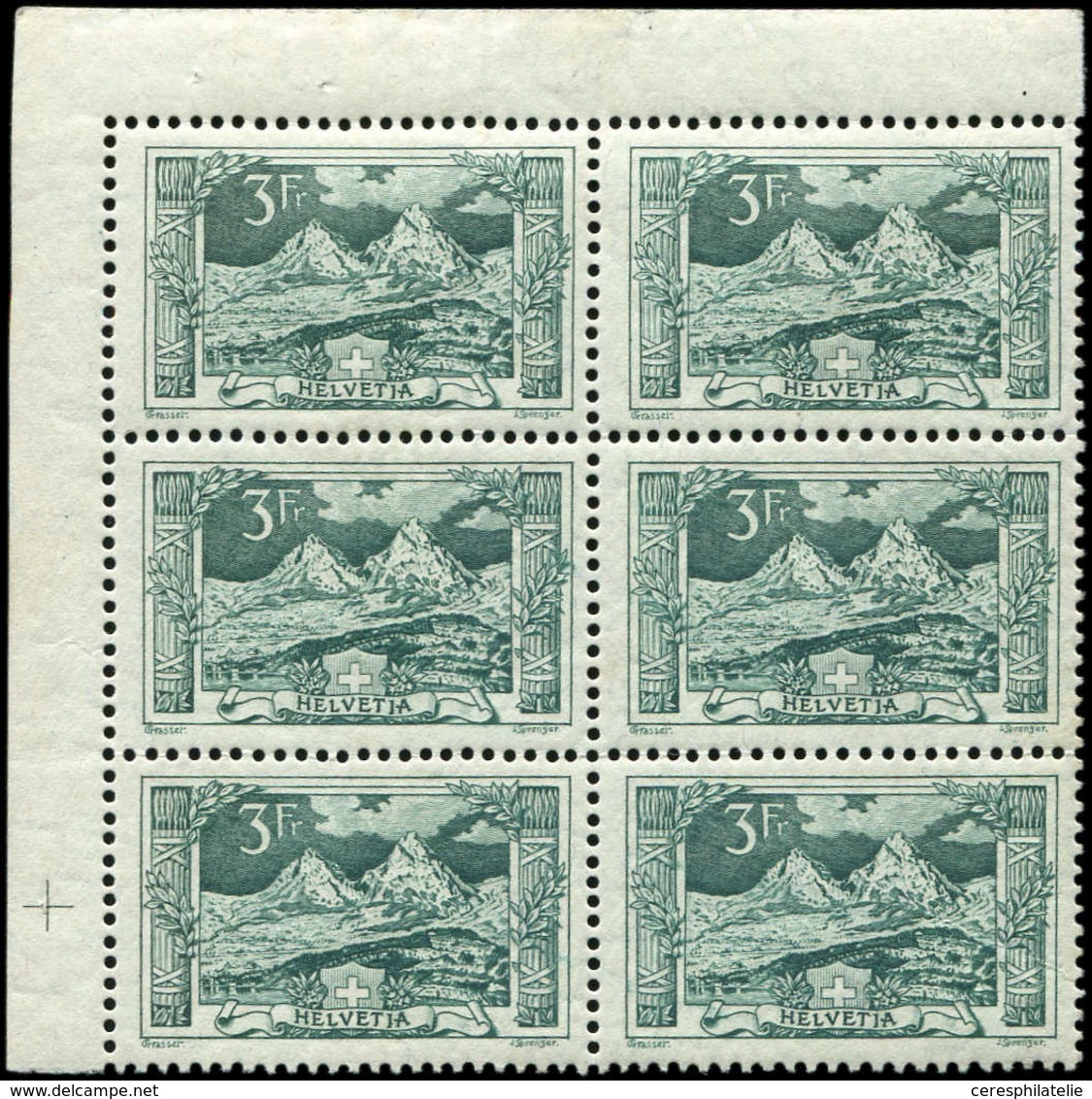 ** SUISSE 142 : 3f. Vert, BLOC De 6 Cdf Avec Croix De Repère, Frais Et TTB - Used Stamps