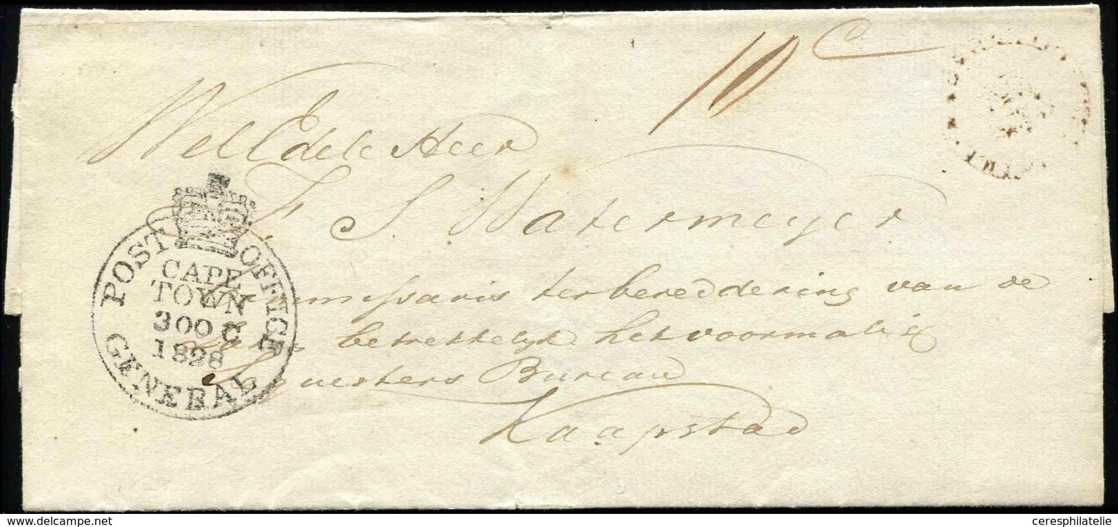 Let CAP DE BONNE-ESPERANCE MP Frappée Du Grand Cachet Couronne Extérieure POST OFFICE GENERAL CAPE TOWN 1828, Superbe, C - Cape Of Good Hope (1853-1904)