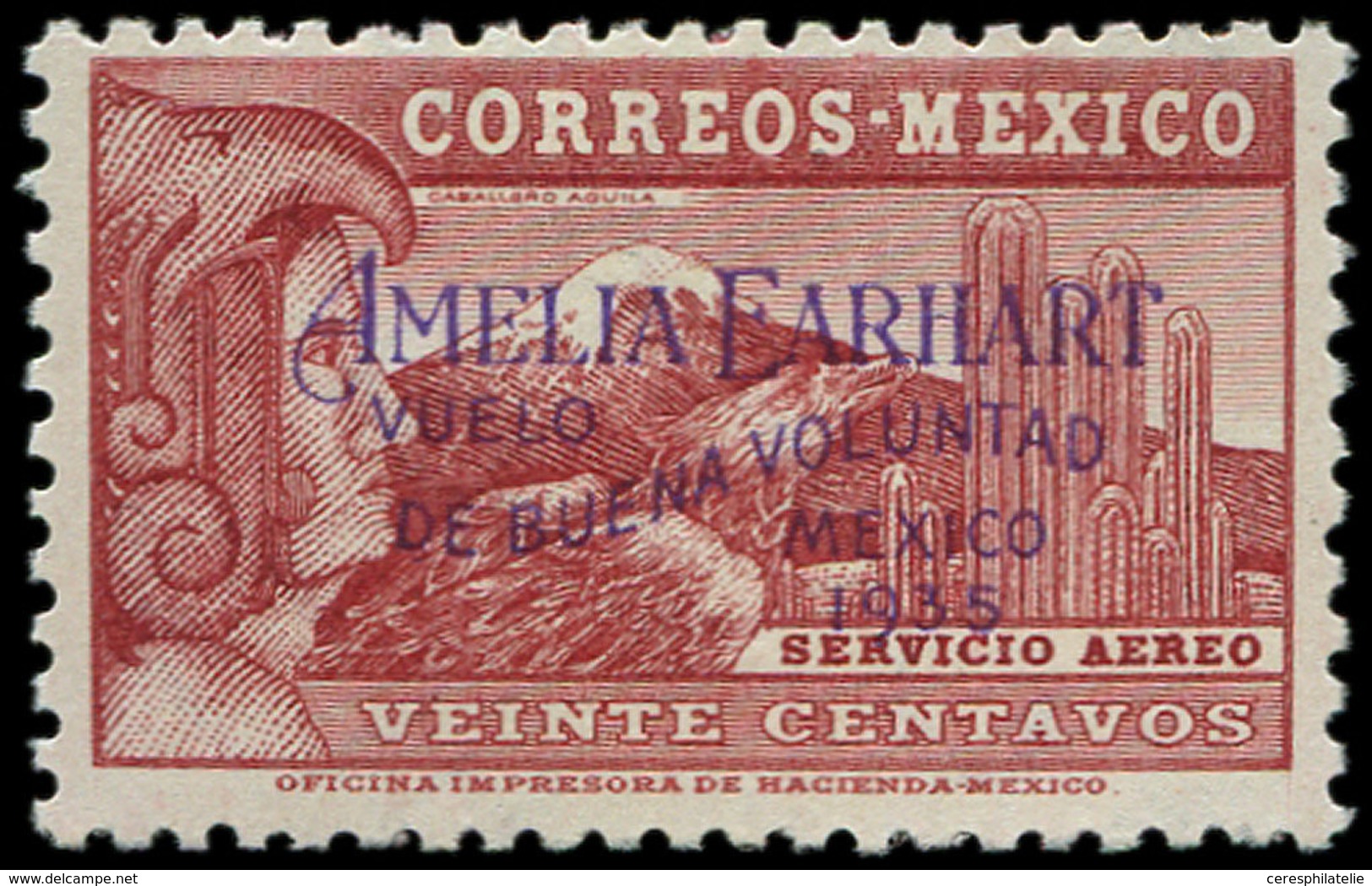 * MEXIQUE PA 69A : 20c. Carmin, Surchargé AMELIA EARHART, RR, TB, Certif. Scheller - Messico