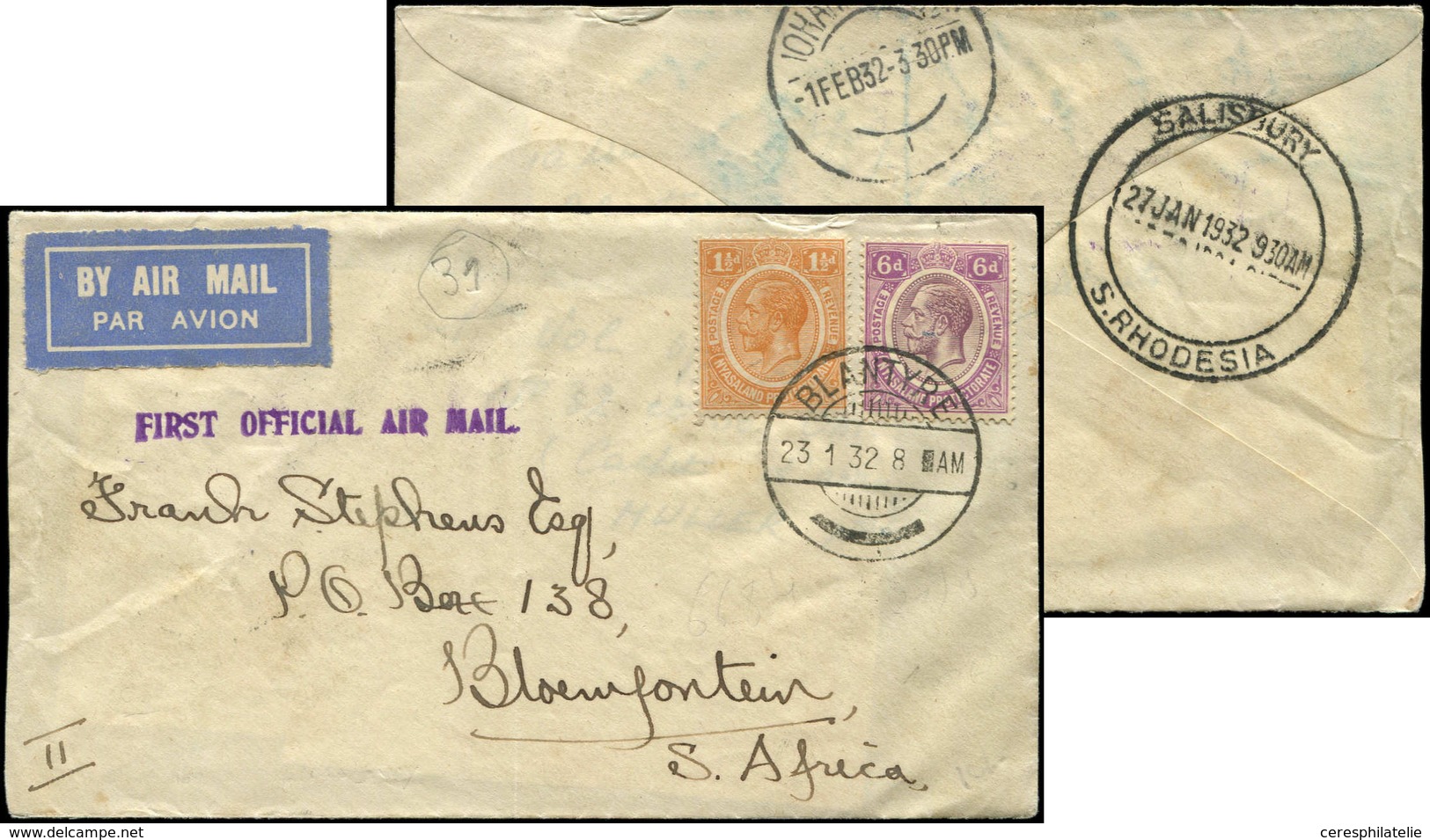 Let NYASSALAND 32 Et 36 Obl. BLANTYRE 23/1/32 S. Env., Cachet FIRST OFFICIAL AIR MAIL, Pour Bloemfontein, TB - Nyasaland (1907-1953)