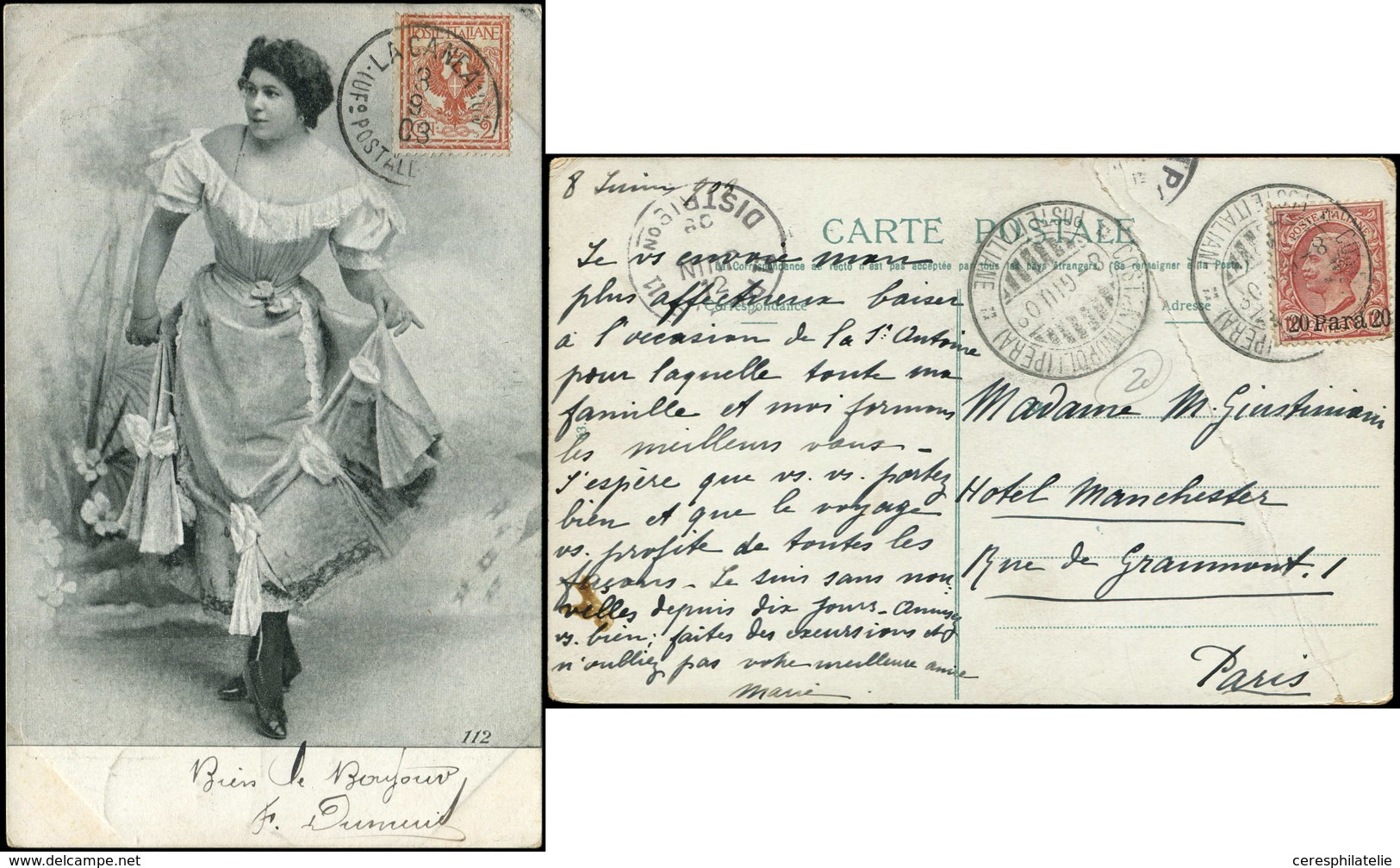 Let Levant Italien Et La Canée, 2 CP Affr., Obl. 1903 Et 1909, TB - Collections
