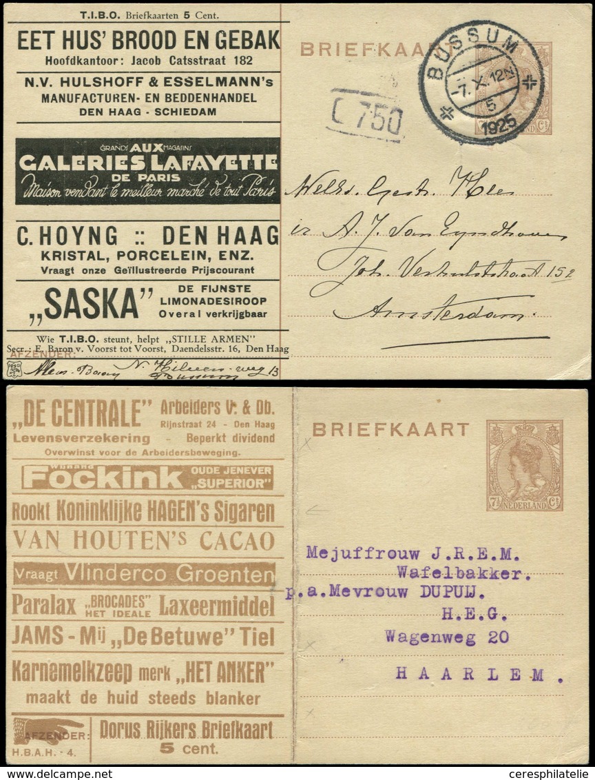 Let Pays-Bas, 2 CP Entiers Annonces De 1925 Neuve Et Obl., Dont Une Pub Galeries Lafayette, Une Pliée, L'autre TB - Collections