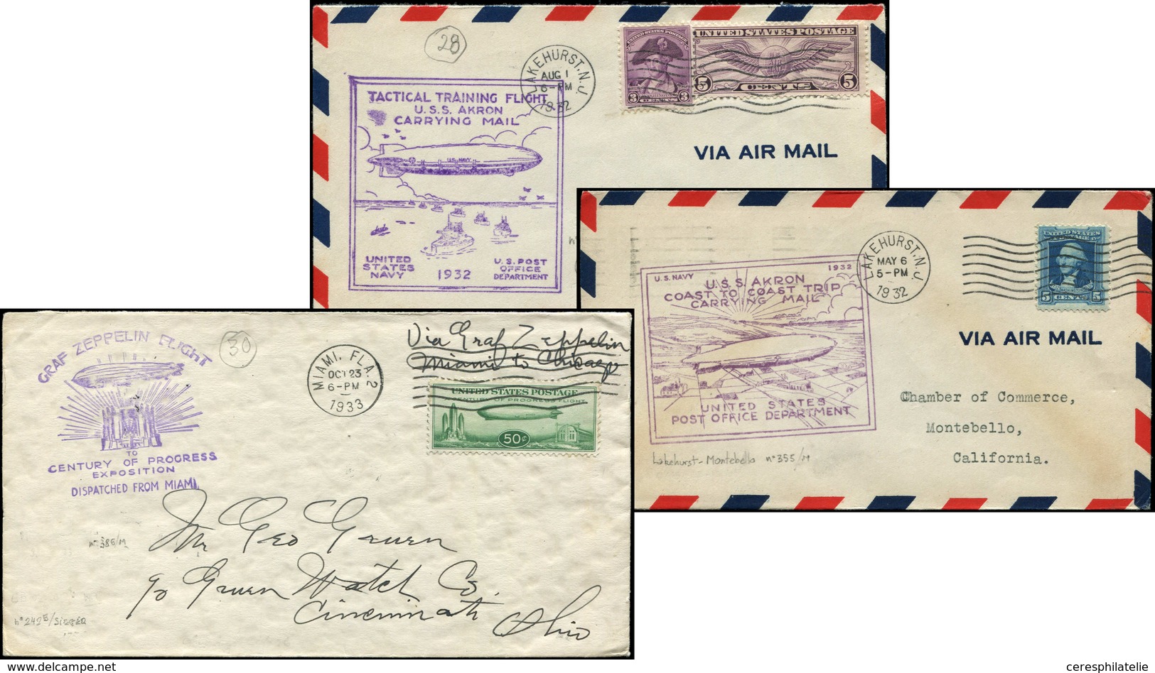 Let Etats-Unis, 3 Zeppelins, Affranchissements Ou Cachets Différents 1932/33, TB - Collezioni (in Album)