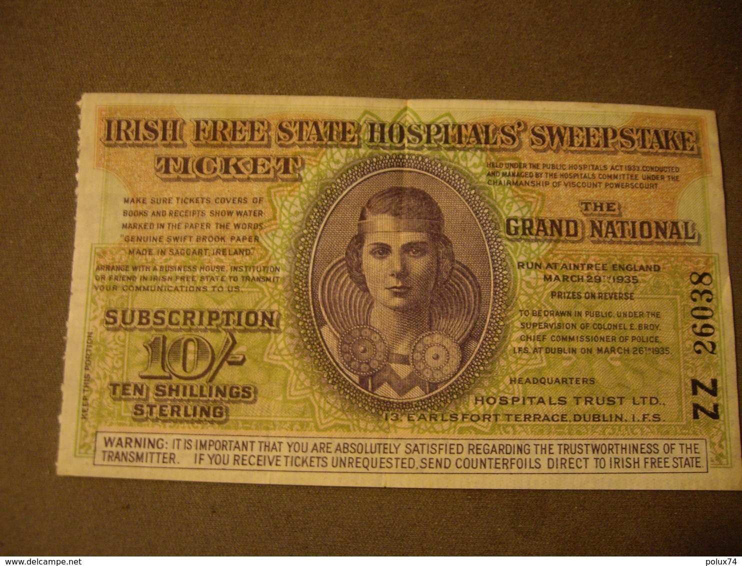 10 Ten Shillings-IRISH FREE STATE HOSPITALS SWEEPSTAKE  1935 - Zu Identifizieren