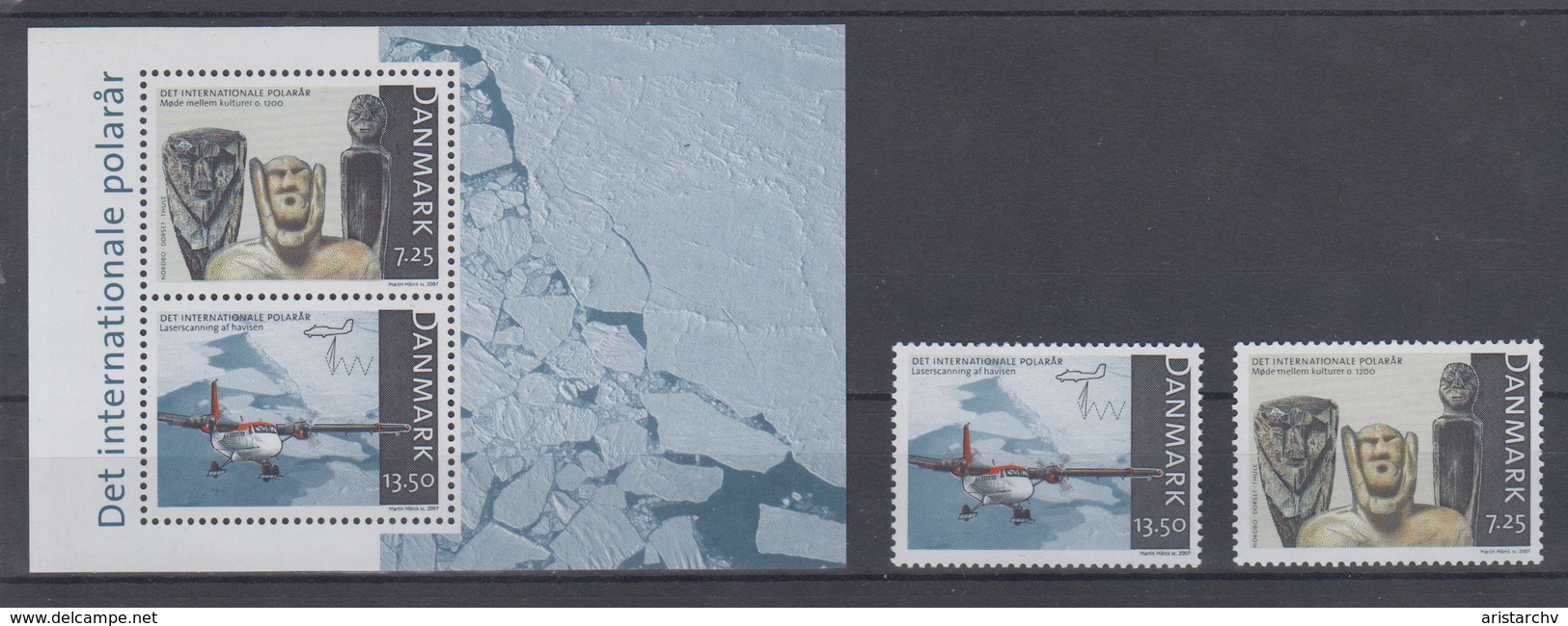 DENMARK 2007 ARCTIC POLAR YEAR AVIATION S/SHEET AND 2 STAMPS - International Polar Year