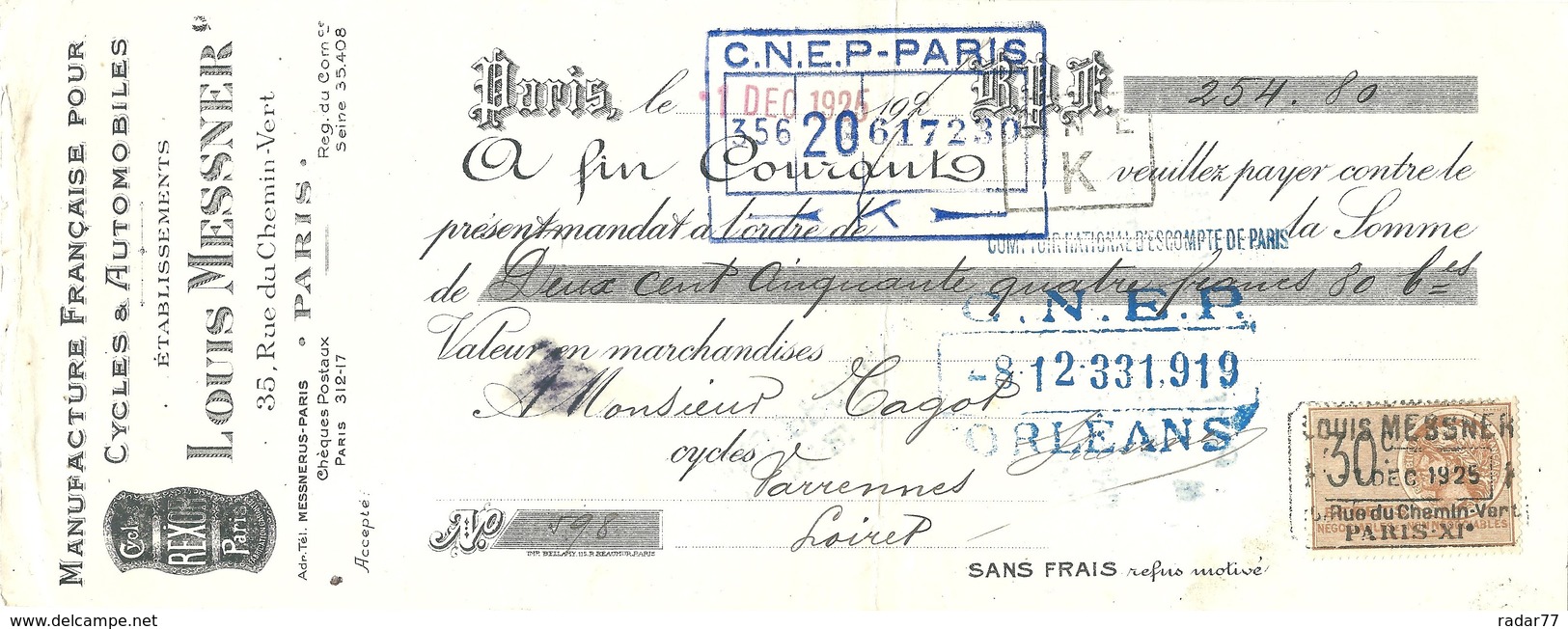 Mandat Ets Louis MESSNER - Manufacture Française Pour Cycles & Automobiles - PARIS - 01 Décembre 1925 - Lettres De Change