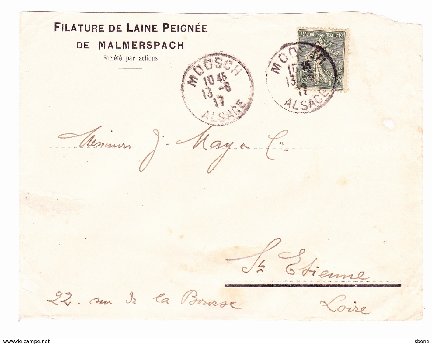 Cachet Moosch Alsace Sur Lettre Filature De Laine Peignée - Guerra De 1914-18