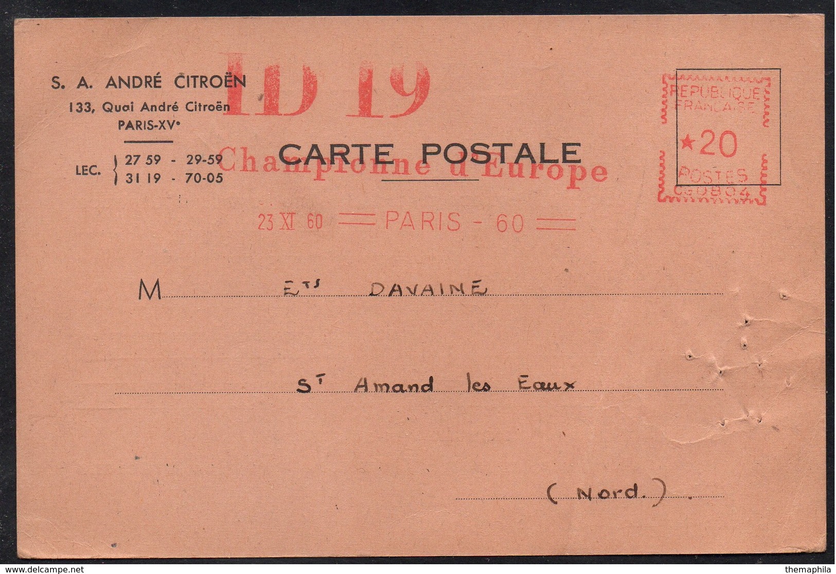 CITROEN - ID19 - DS - AUTOMOBILE / 1960 EMA SUR CARTE COMMERCIALE (ref LE2239) - Voitures