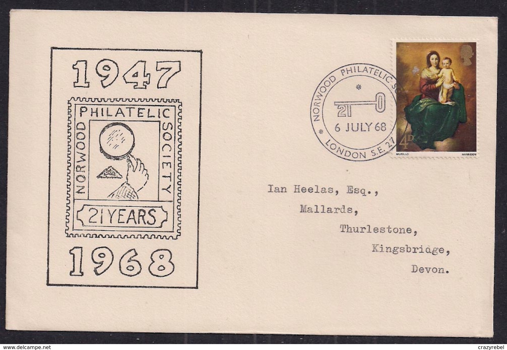 GB 1968 QE2 4d Stamp On Comm. Cover 21st Anniv. Philatelic Society London SE Pmk ( C1464 ) - Cinderellas