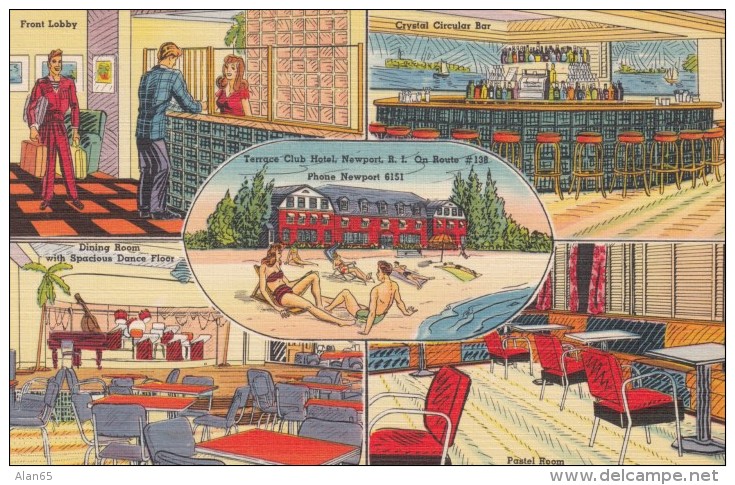 Newport Rhode Island, Terrace Club Hotel, Interior View Of Bar Lounge Lobby, C1930s Vintage Linen Postcard - Newport