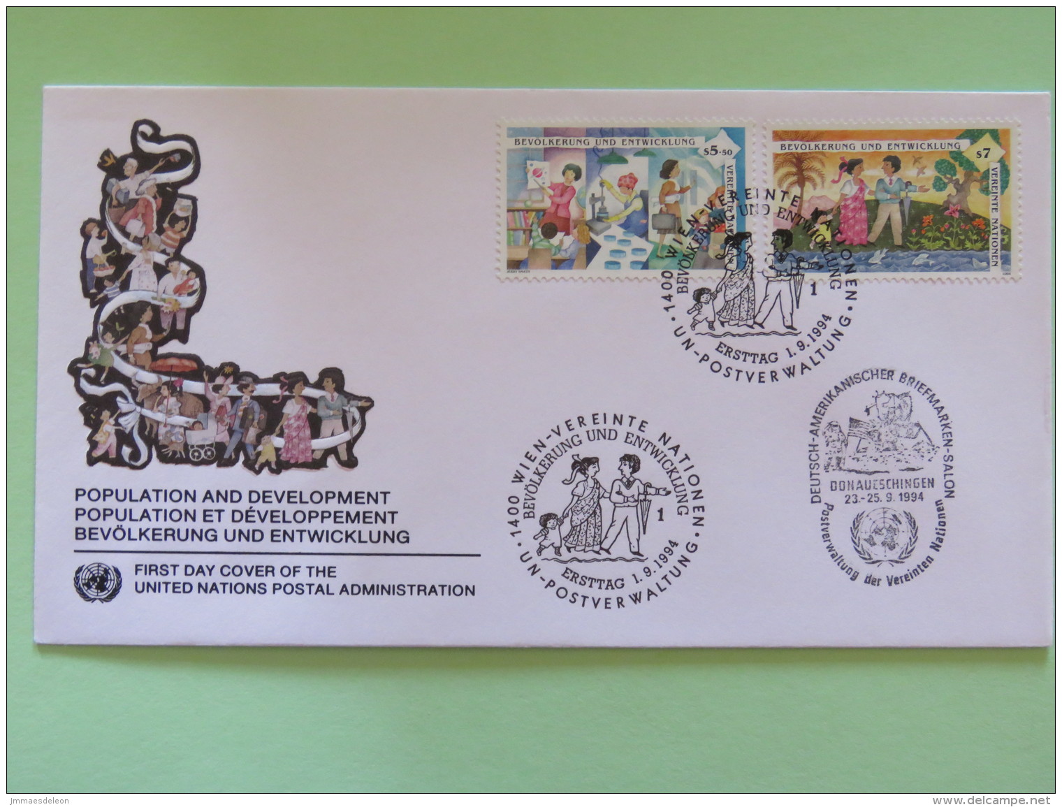United Nations (Wien) 1994 FDC Cover Population And Development Woman Teaching + Special Cancel Donaueschingen - Storia Postale