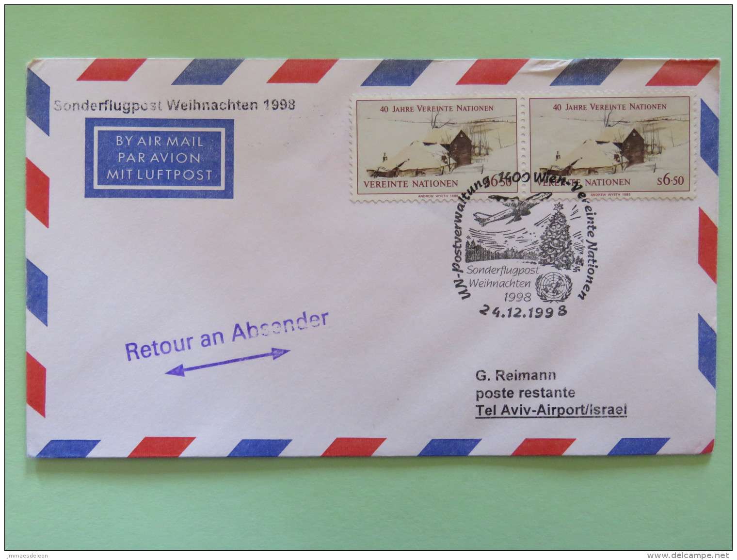 United Nations (Wien) 1998 Special Cancel On Cover To Tel Aviv Israel, Returned - Plane - Weihnachten - Storia Postale