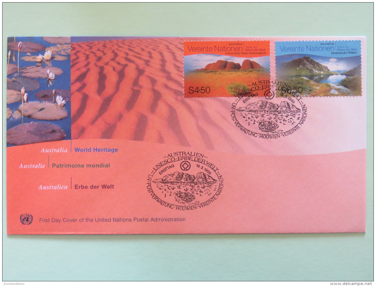 United Nations (Wien) 1999 FDC Cover World Heritage Australia Uluru-Kata Tasmania Wilderness - Storia Postale