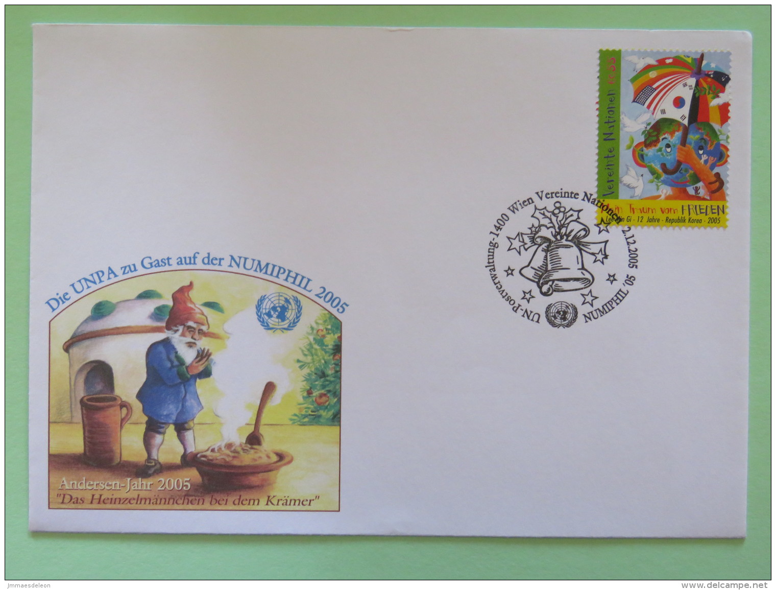 United Nations (Wien) 2005 Special Cancel On Cover - NUMPHIL Christmas Bell - Dream For Peace - Painting From Korea - Storia Postale