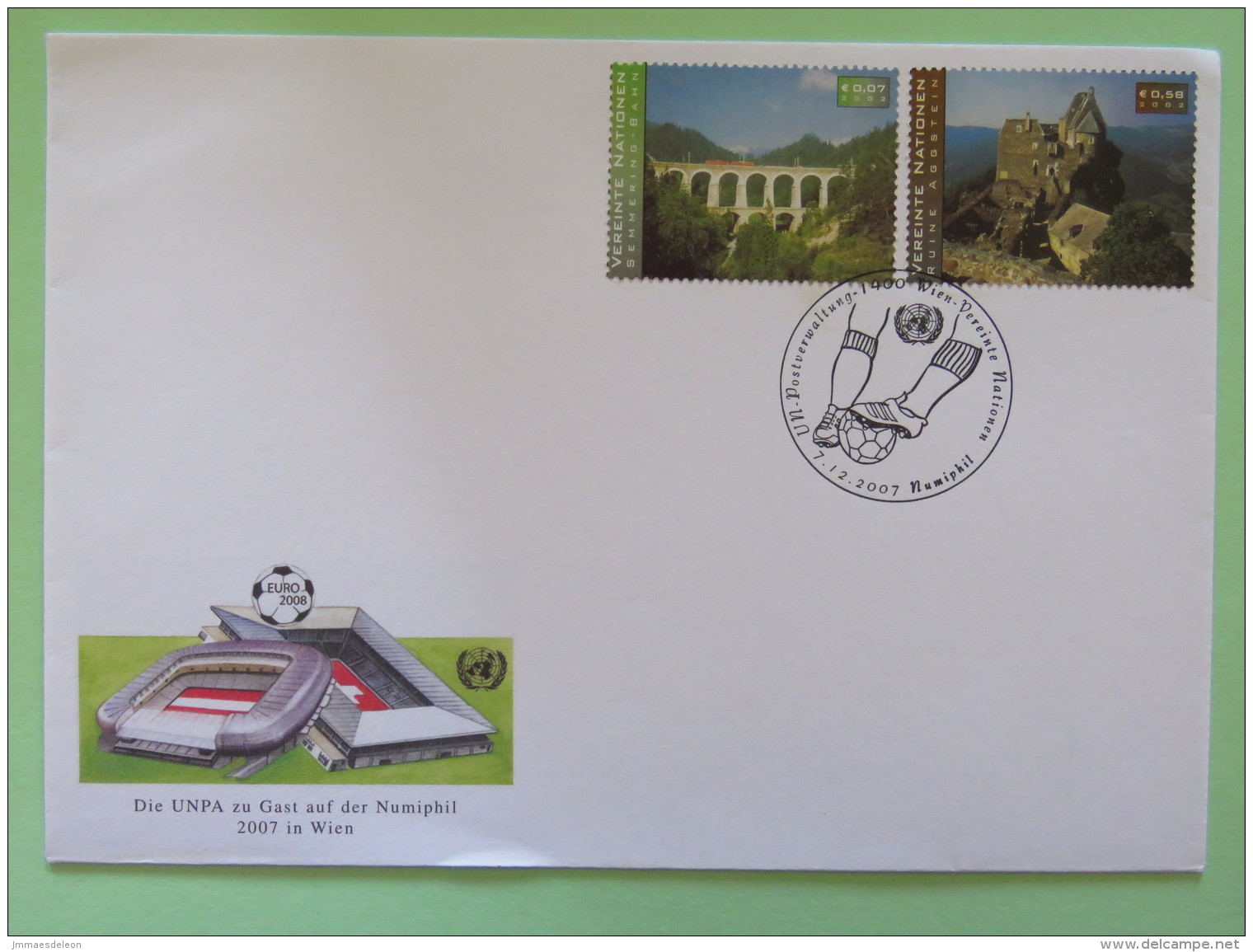 United Nations (Wien) 2007 Special Cancel On Cover - Football Soccer NUMIPHIL - Railway Bridge - Aggstein Ruins - Briefe U. Dokumente