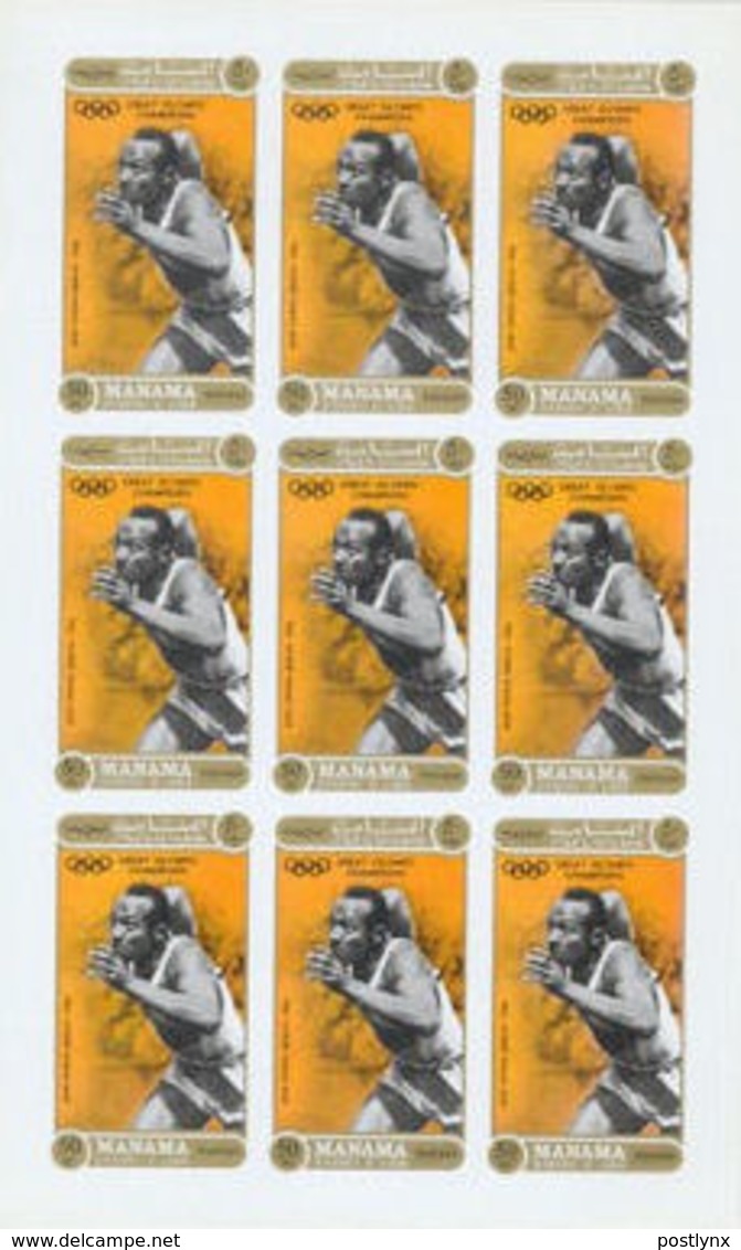 MANAMA 1971 Olympics Running Jesse Owens Berlin 1936 50dh COMPLETE IMPERF SHEET:9 Stamps  [non Dentelé, Geschnitten] - Sommer 1936: Berlin