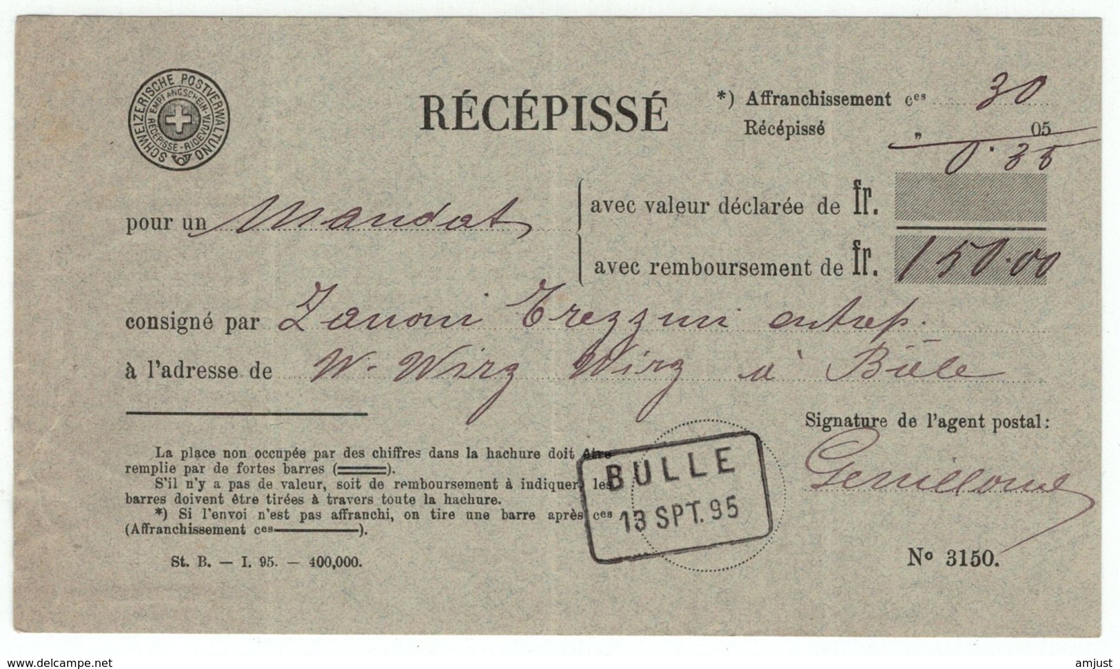 Suisse // Schweiz // Switzerland  // Entier Postaux // Récépissé Bulle 13.09.1895 - Ganzsachen