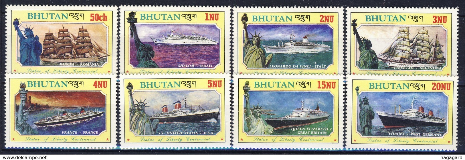 +B1429. Bhutan 1986. Liberty Statue. Ships. Michel 1005-12. MNH(**) - Bhoutan