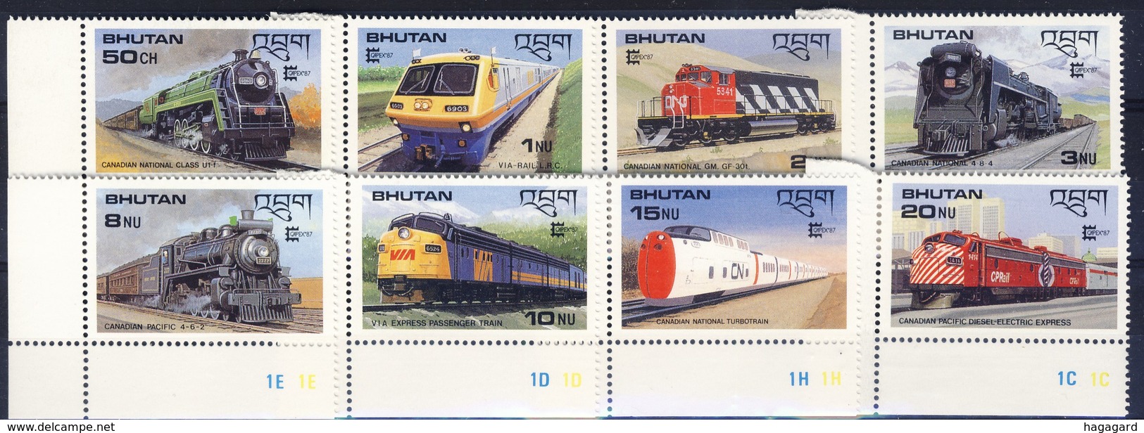 +B1434. Bhutan 1987.CAPEX'87. Locomotives. Michel 1028-35. MNH(**) - Bhoutan