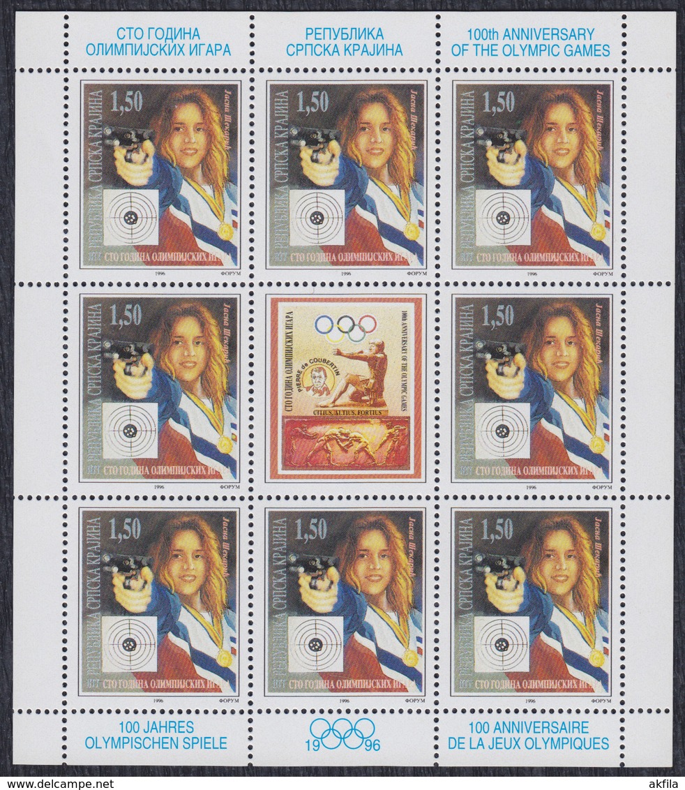 Croatia Republic Of Serbian Krajina 1996 Centenary Of The Olympic Games - Jasna Sekaric Sheet Of 9, MNH (**) Michel 61 - Croatie