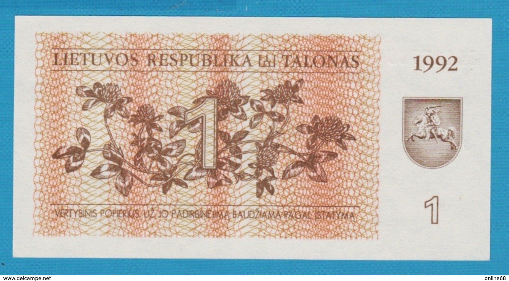 LITHUANIA 1 TALONAS 1992  Serie JA117766 P# 39 - Lituanie